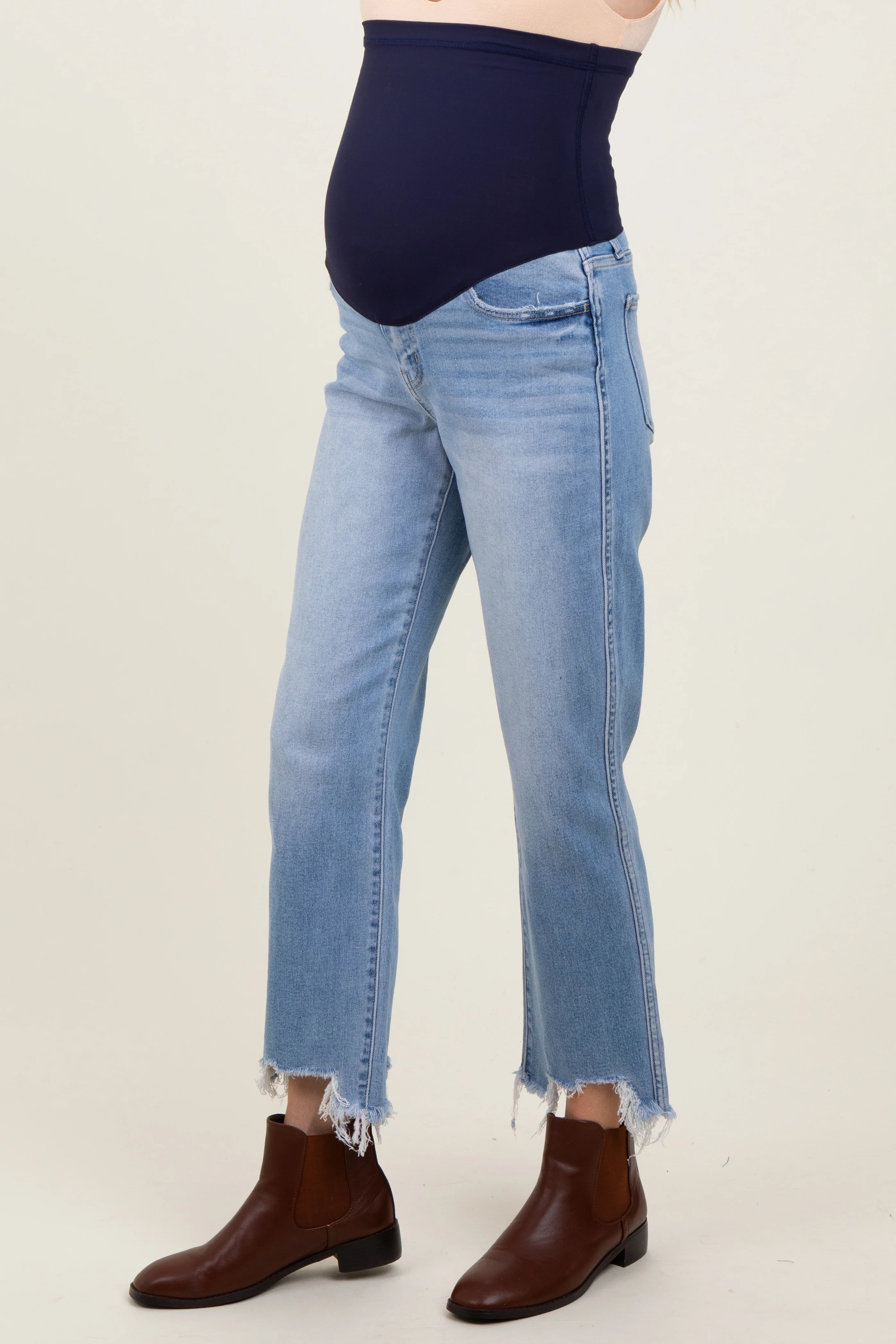 Light Blue Distressed Hem Cropped Straight Leg Jeans - Image 4