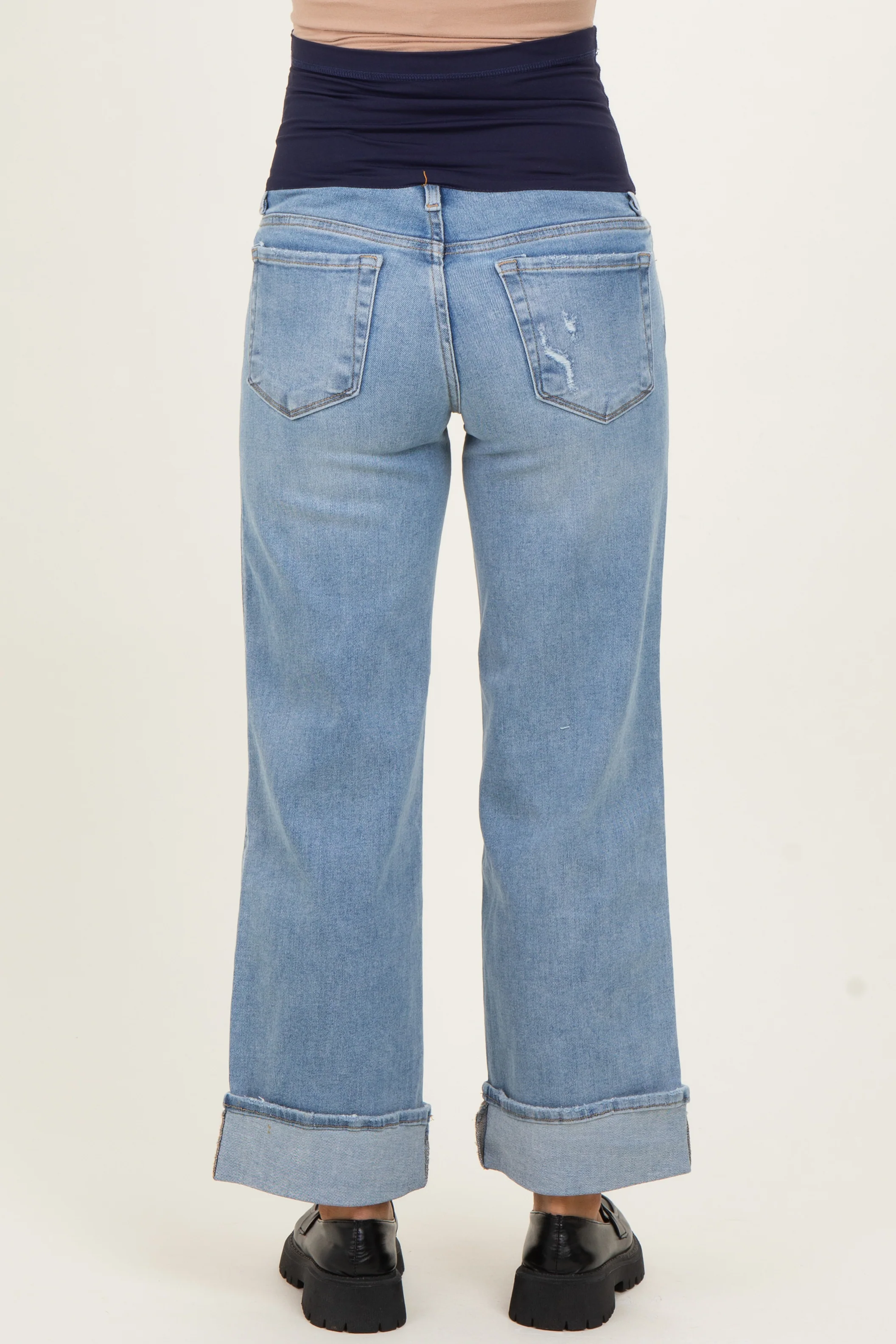 Light Blue Distressed Knee Cuffed Ankle Wide Leg Maternity Jeans - Image 5