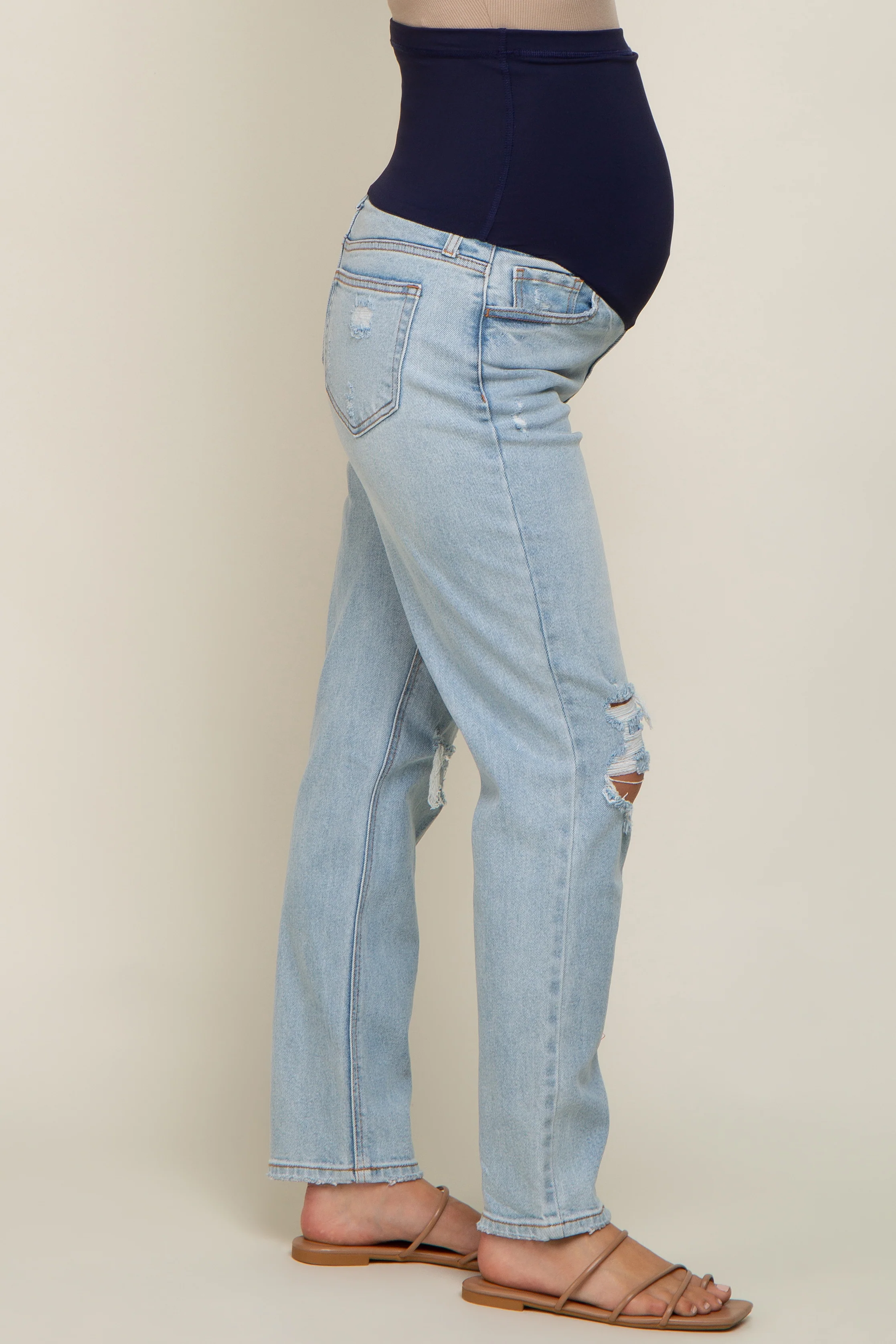 Light Blue Distressed Knee Maternity Jeans - Image 3