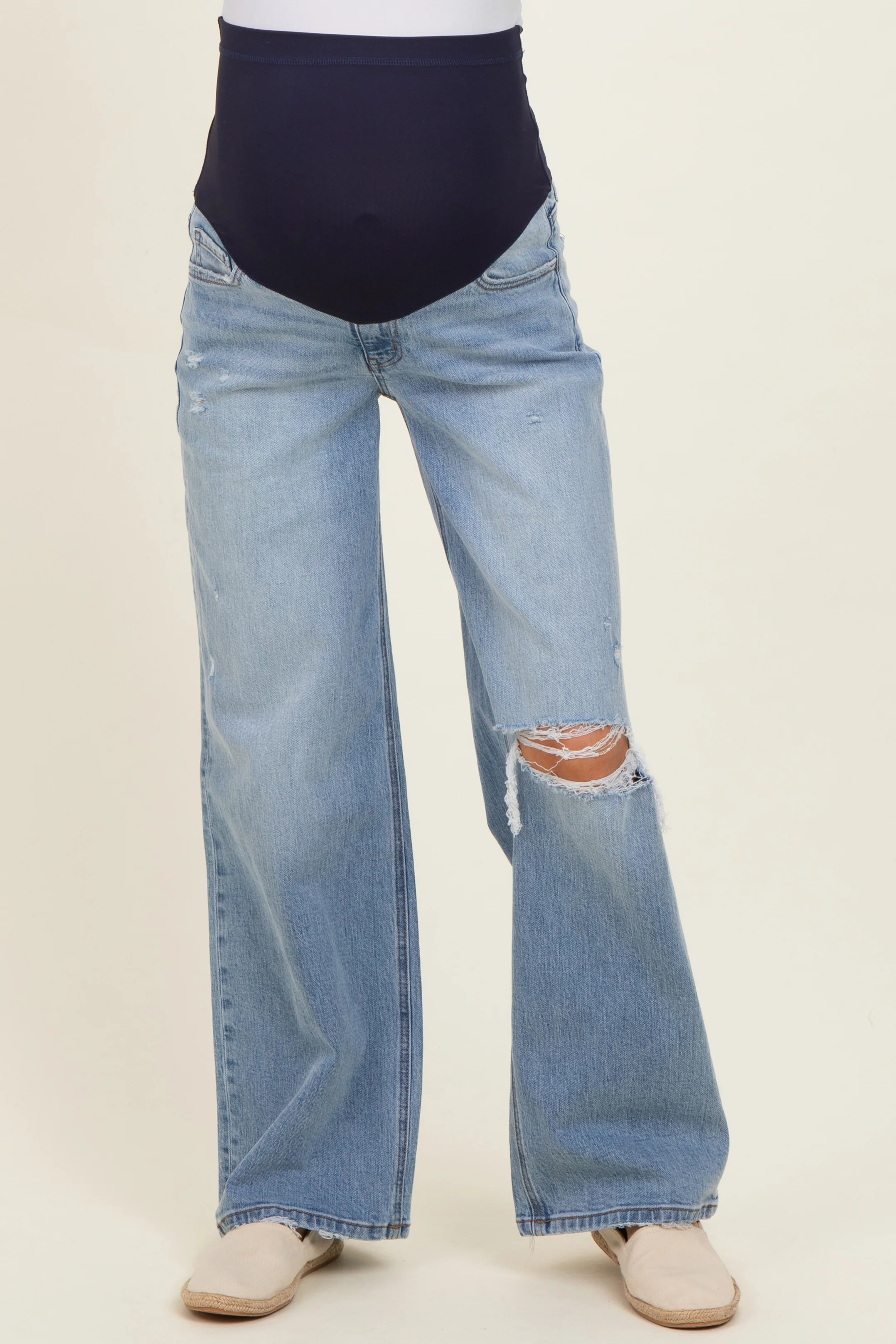 Light Blue Distressed Open Knee Maternity Wide Leg Jeans - Image 2