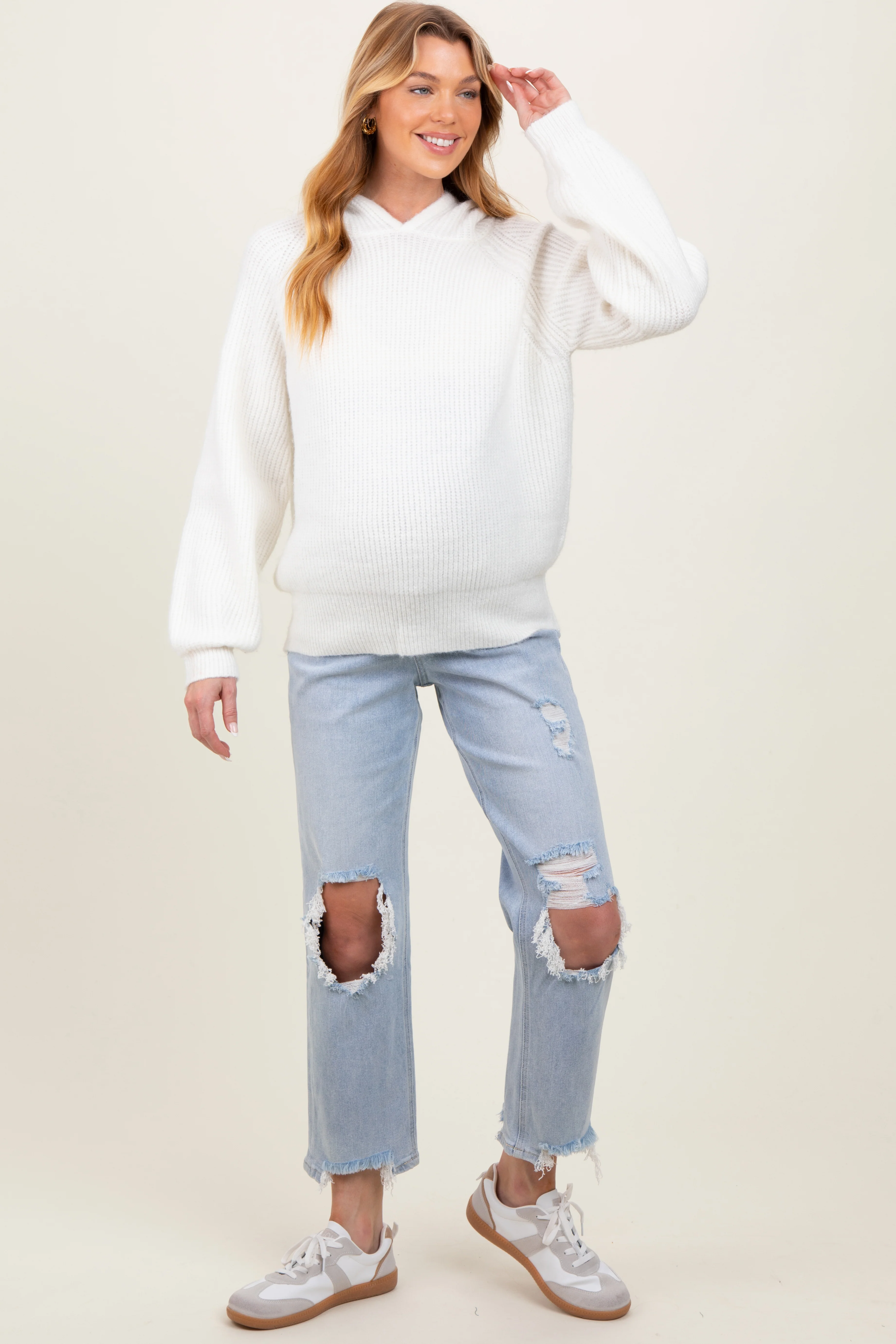 Light Blue Distressed Open Knee Straight Leg Maternity Jeans - Image 2