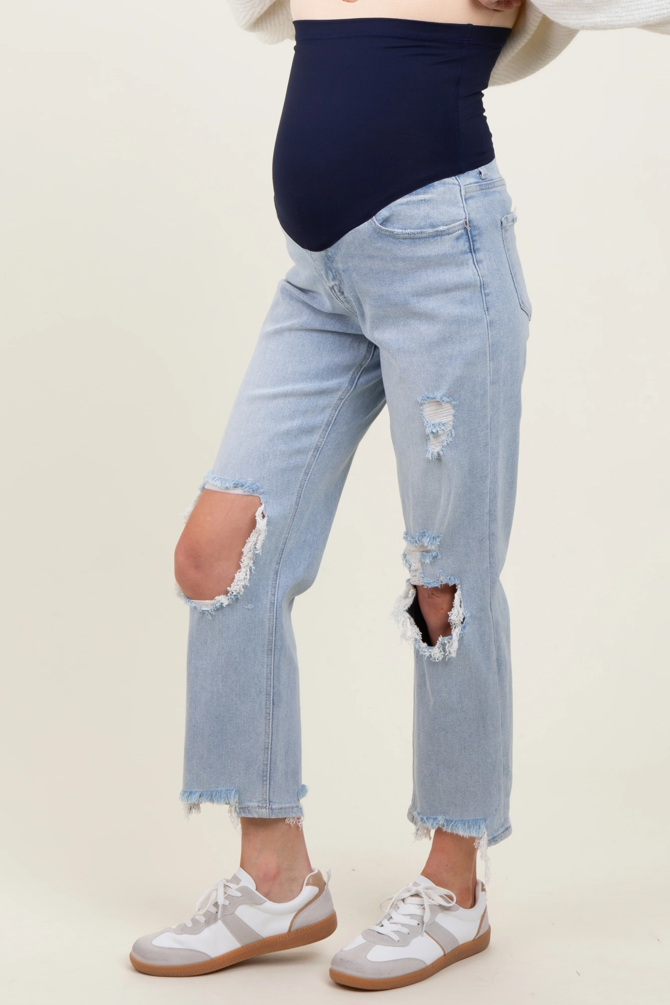 Light Blue Distressed Open Knee Straight Leg Maternity Jeans - Image 4