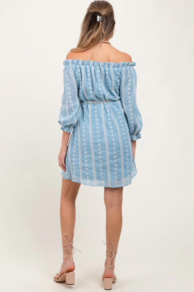 Light Blue Embroidered Off Shoulder Maternity Dress - Image 3