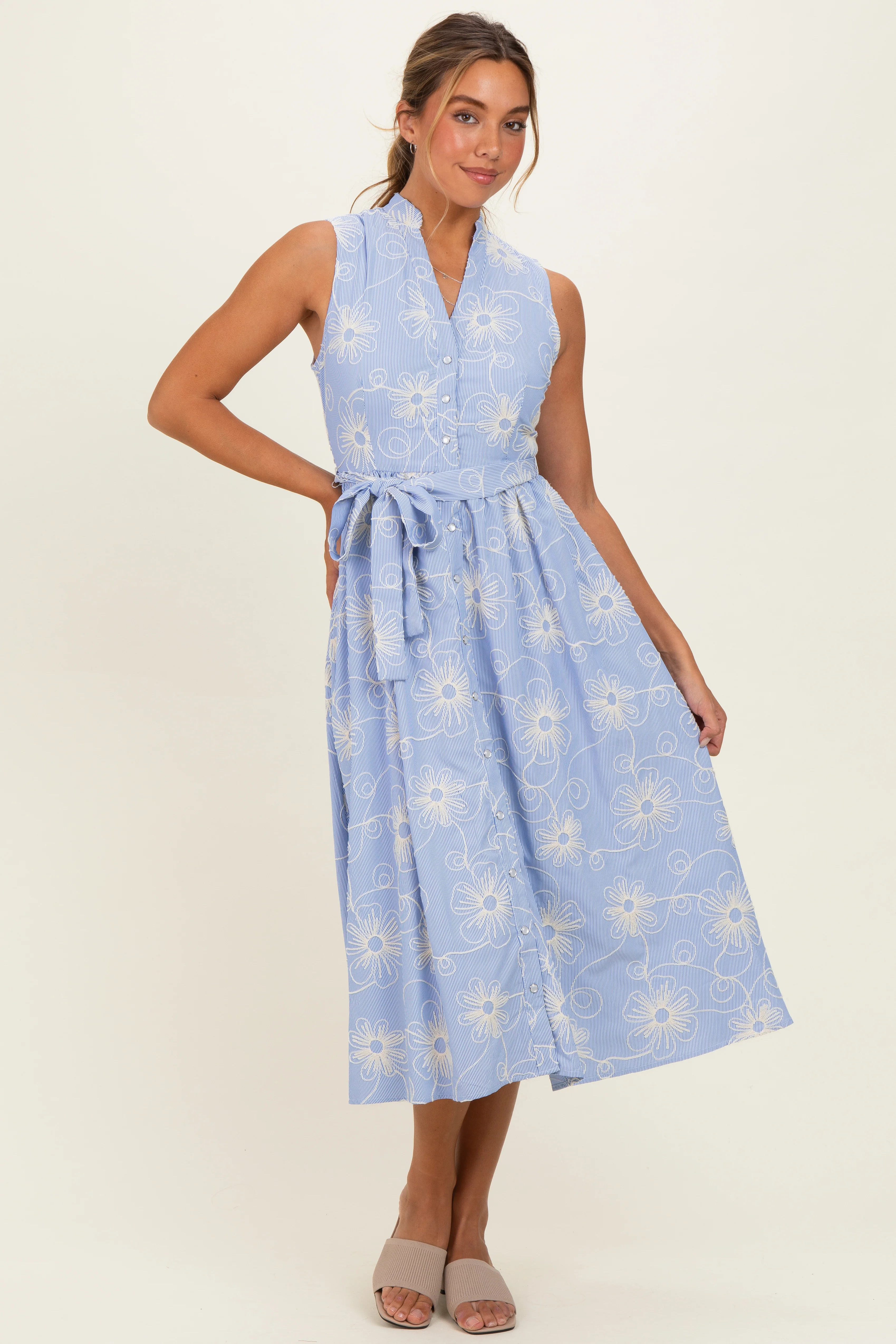 Light Blue Embroidered Sleeveless Maternity Midi Shirt Dress - Image 4