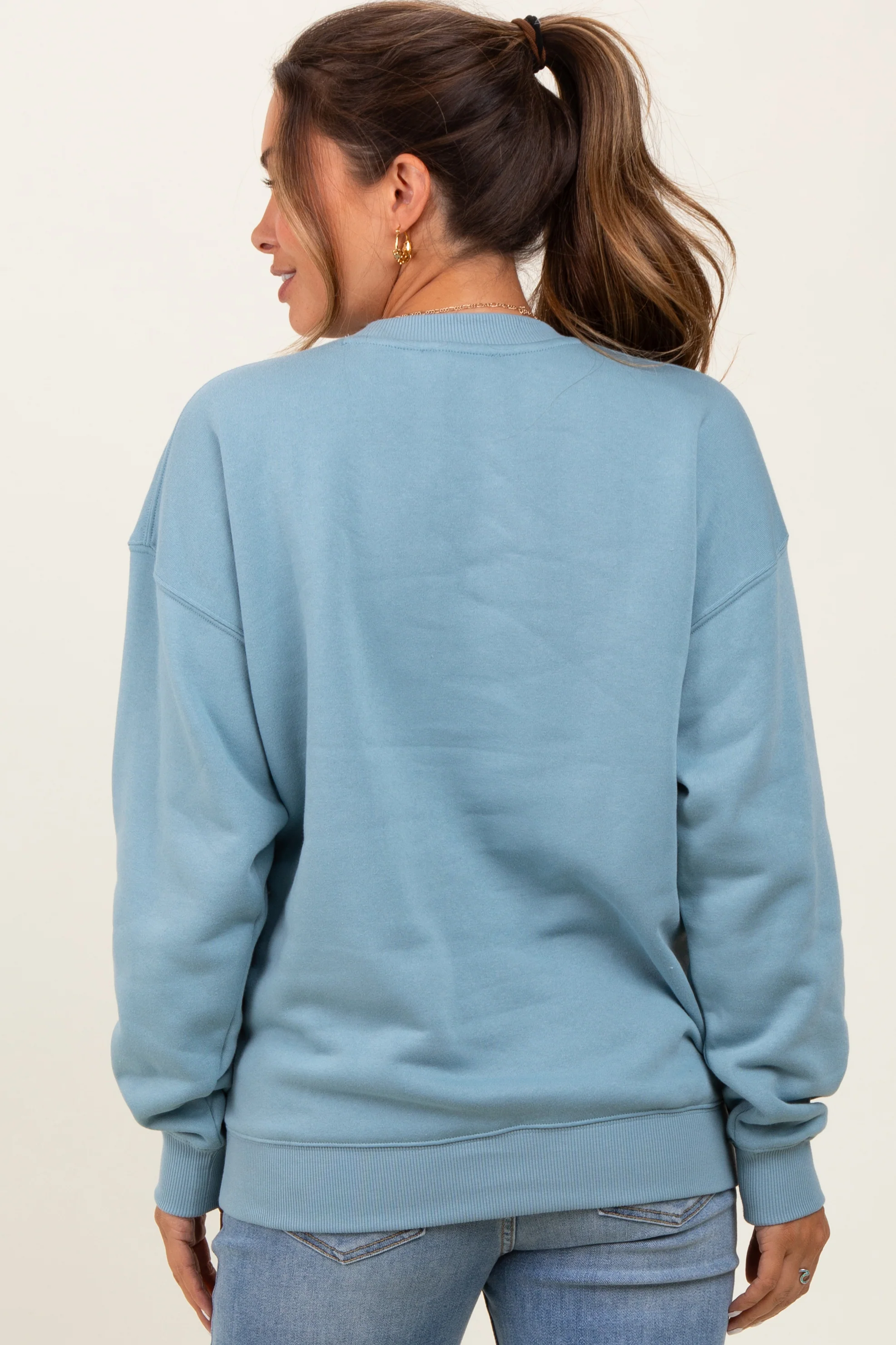 Light Blue Fleece Crew Neck Relaxed Fit Maternity Sweatshirt - Image 4