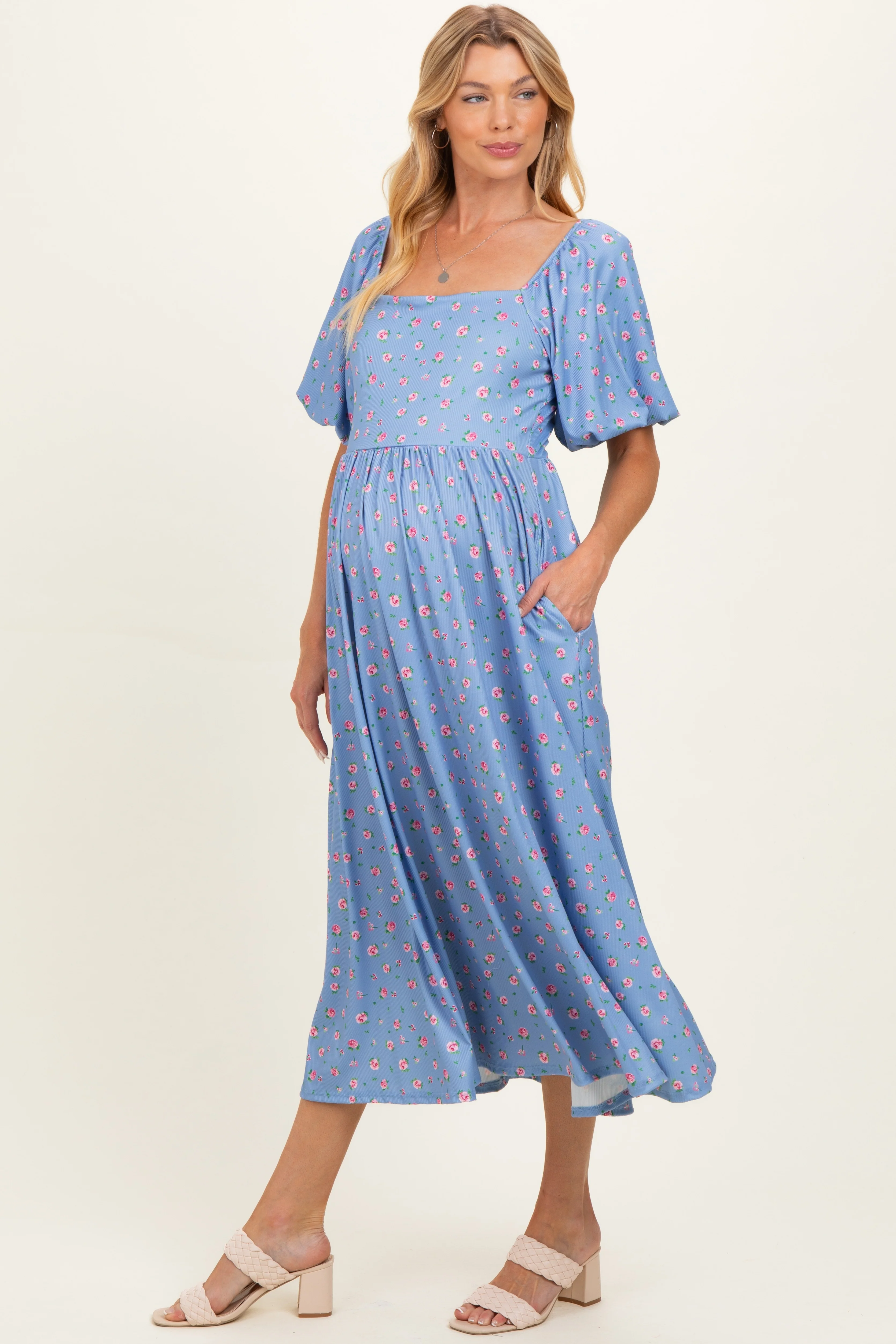 Light Blue Floral Bubble Short Sleeve Babydoll Maternity Dress - Image 2