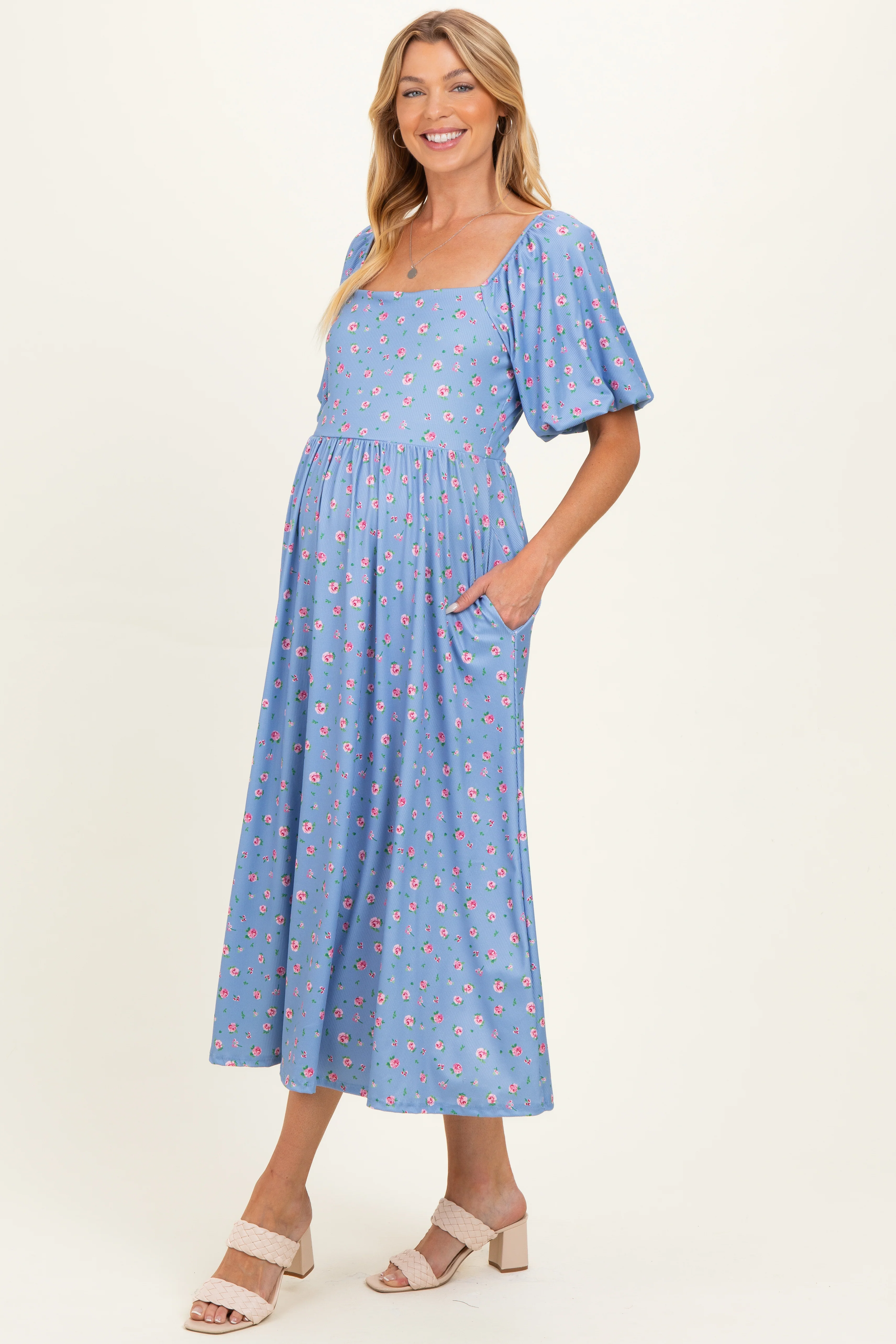 Light Blue Floral Bubble Short Sleeve Babydoll Maternity Dress - Image 3