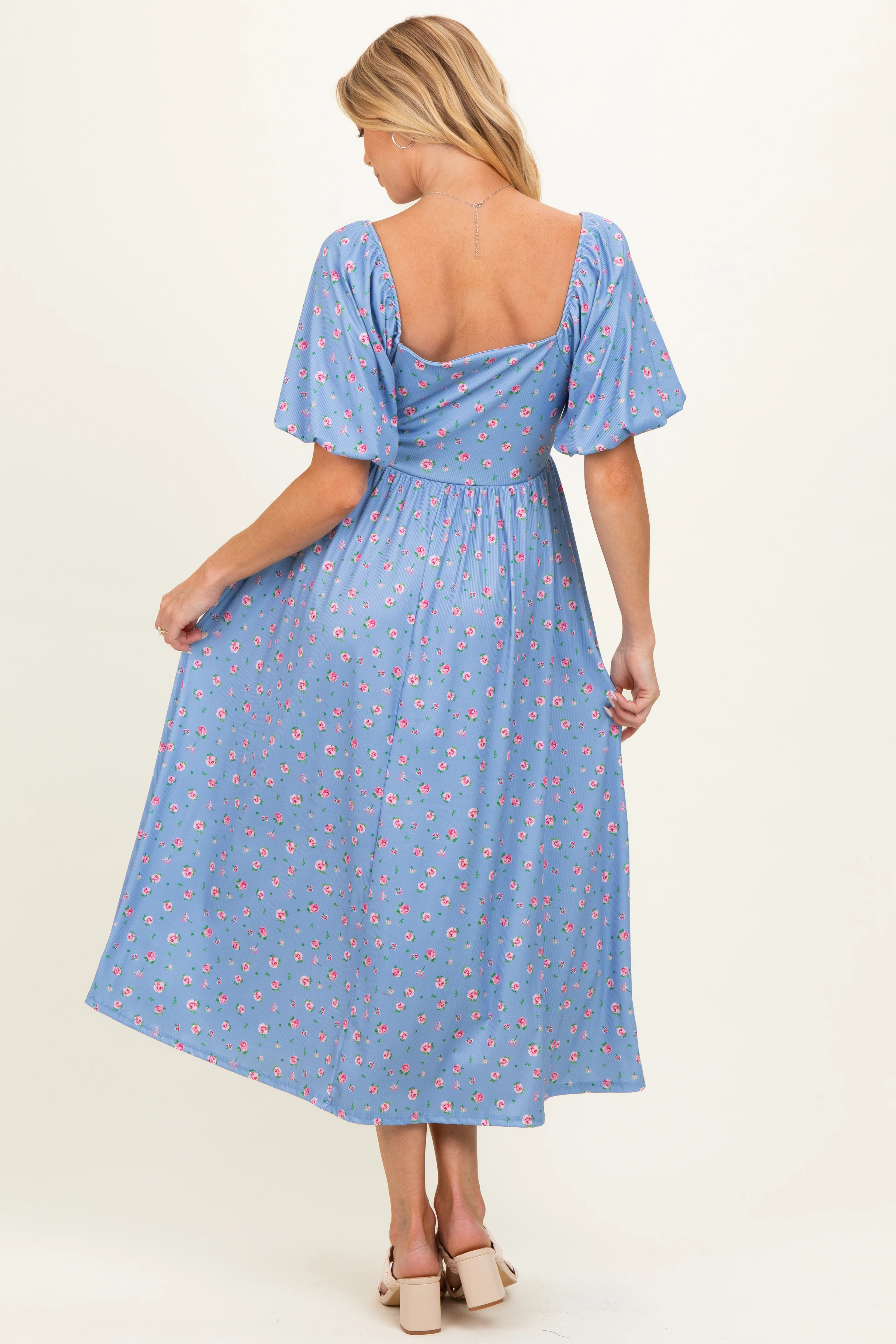 Light Blue Floral Bubble Short Sleeve Babydoll Maternity Dress - Image 4