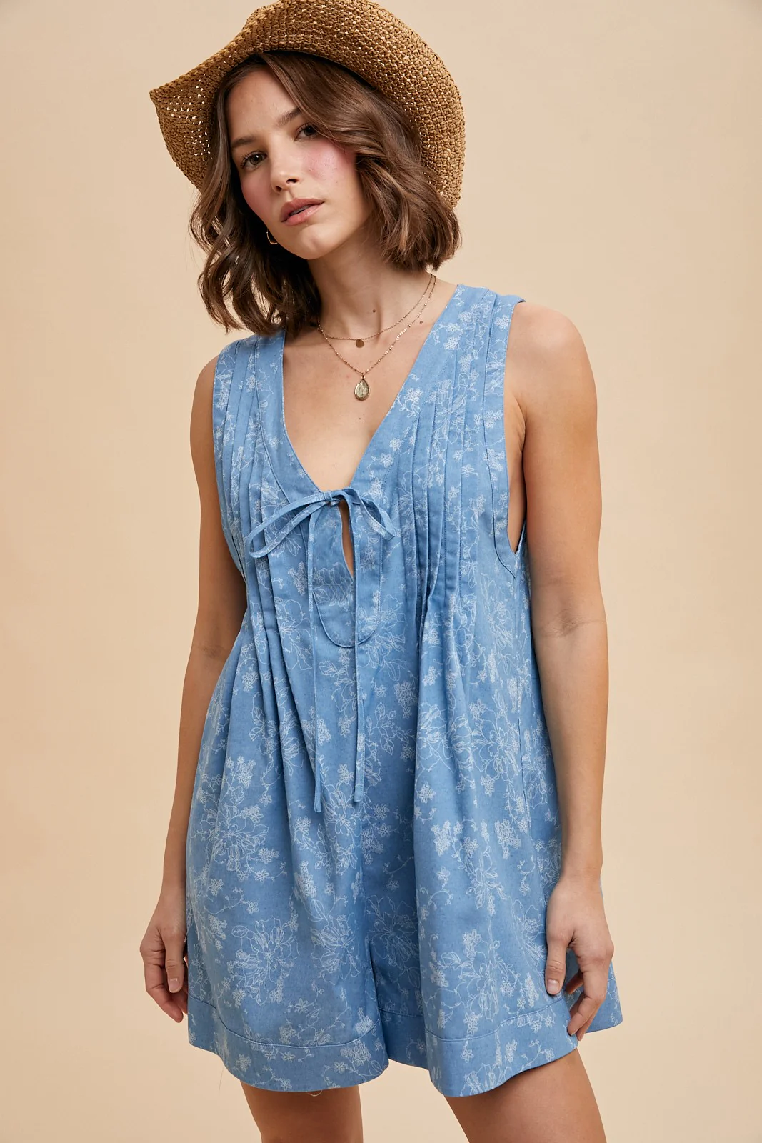 Light Blue Floral Chambray Pleat Front Maternity Romper - Image 6