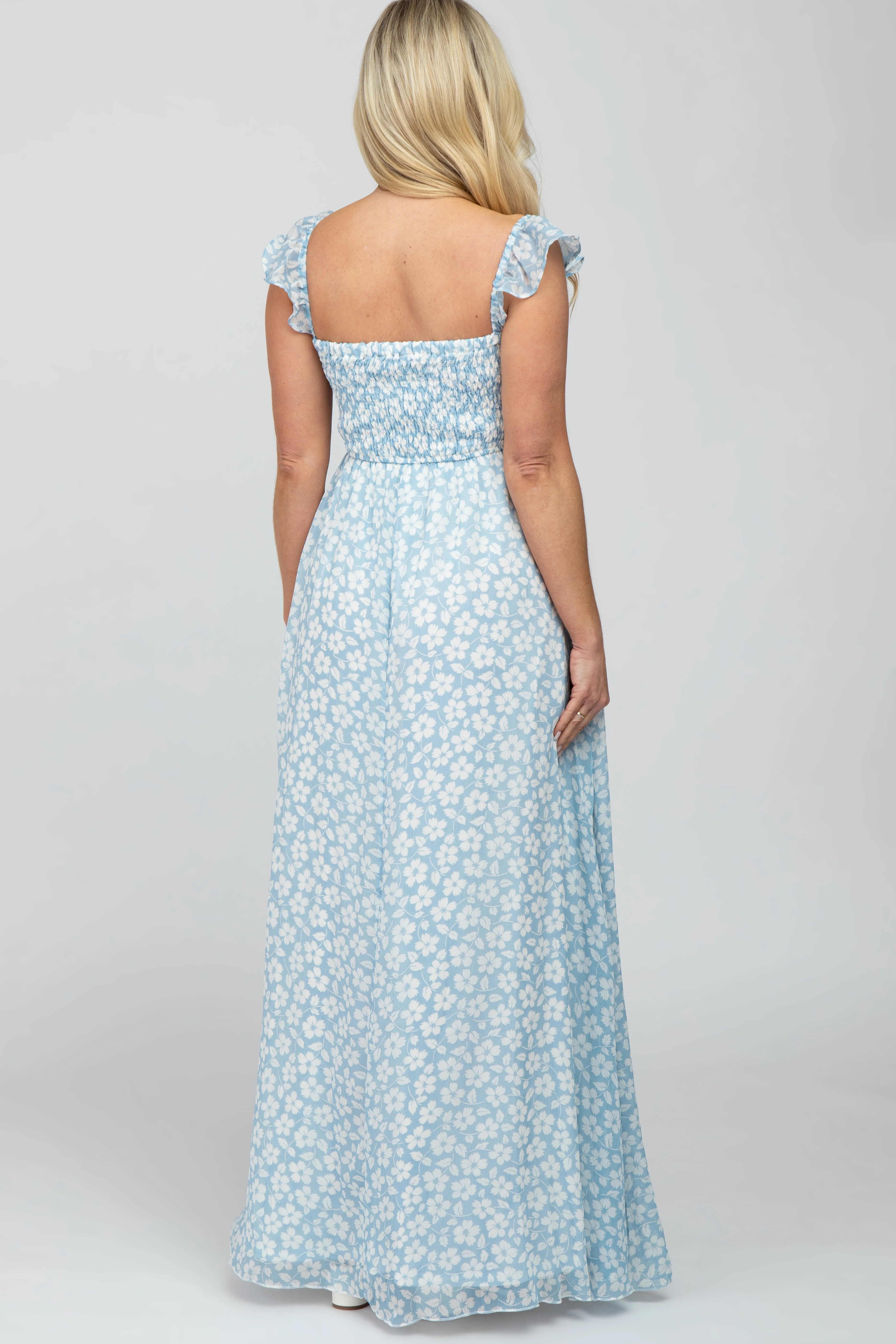 Light Blue Floral Chiffon Sweetheart Neck Off Shoulder Maternity Maxi Dress - Image 3