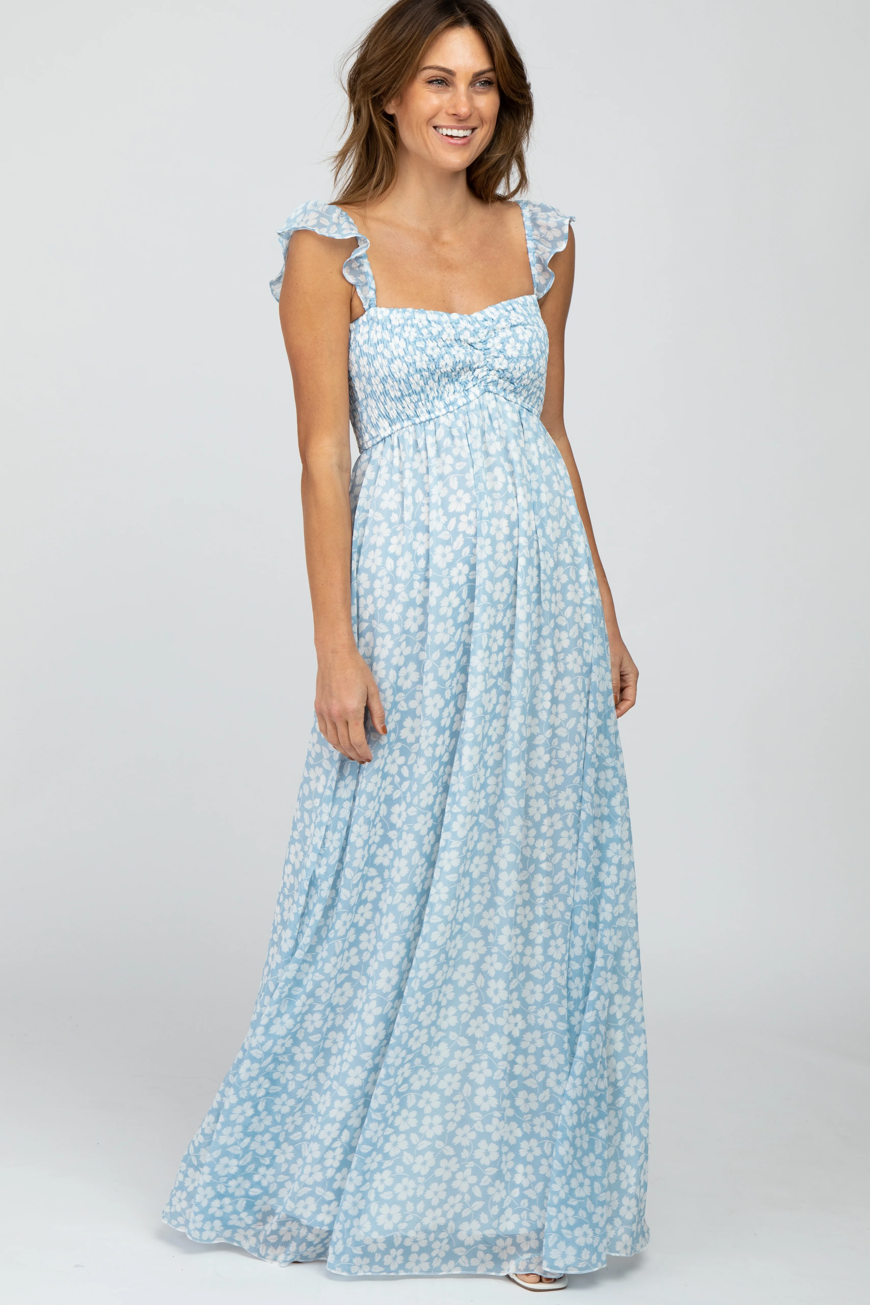 Light Blue Floral Chiffon Sweetheart Neck Off Shoulder Maternity Maxi Dress - Image 9