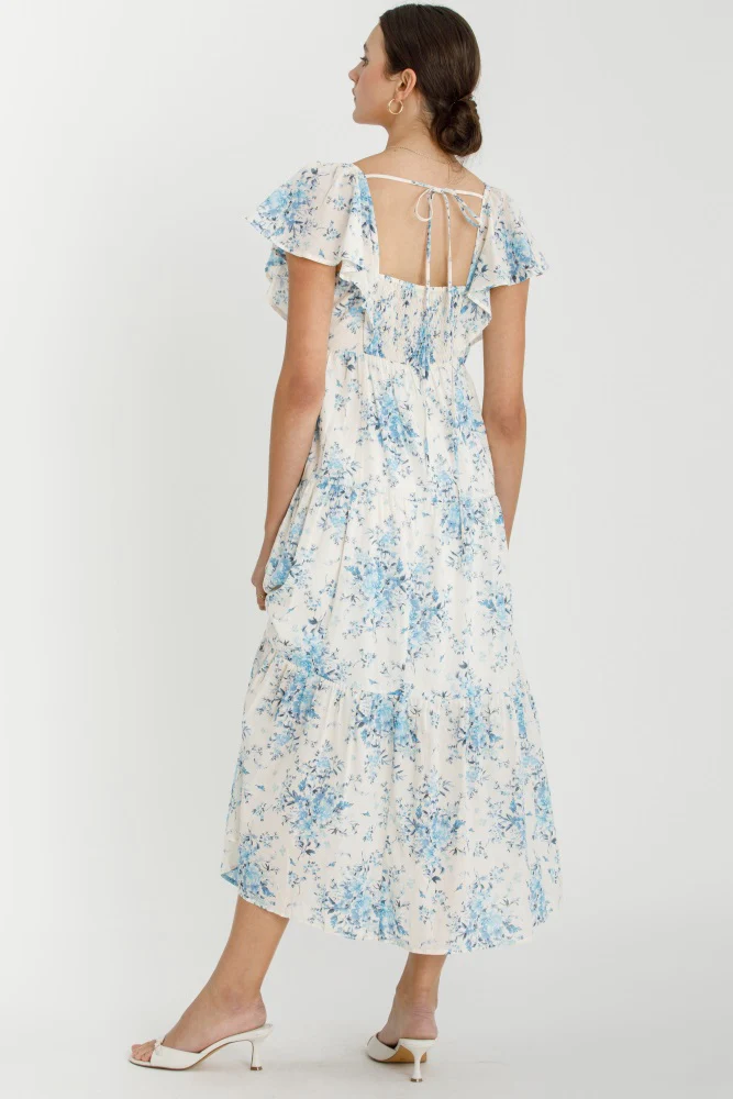 Light Blue Floral Flutter Sleeve Tiered Maxi Dress - Image 3