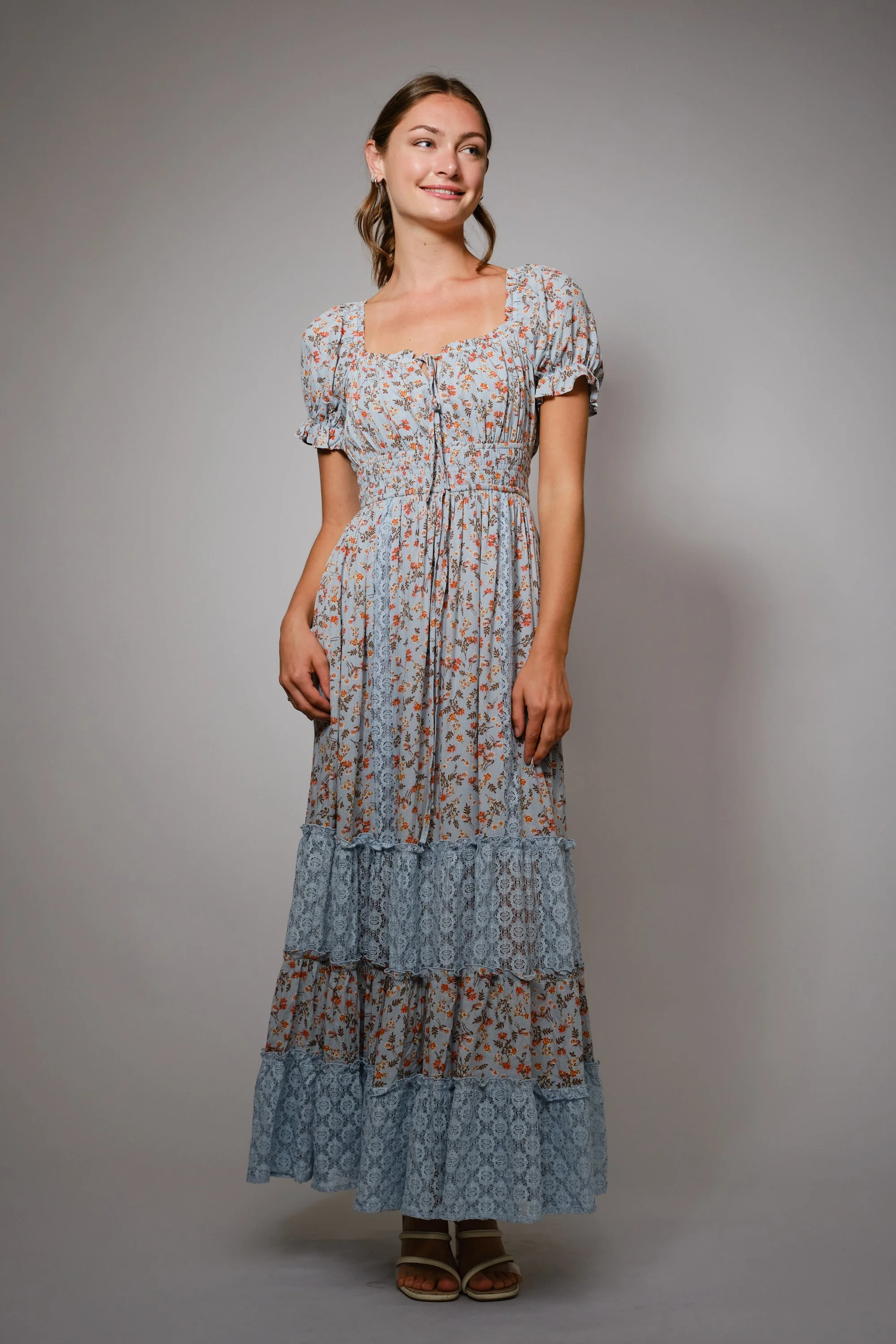 Light Blue Floral Lace Inset Puff Sleeve Maxi Dress - Image 3