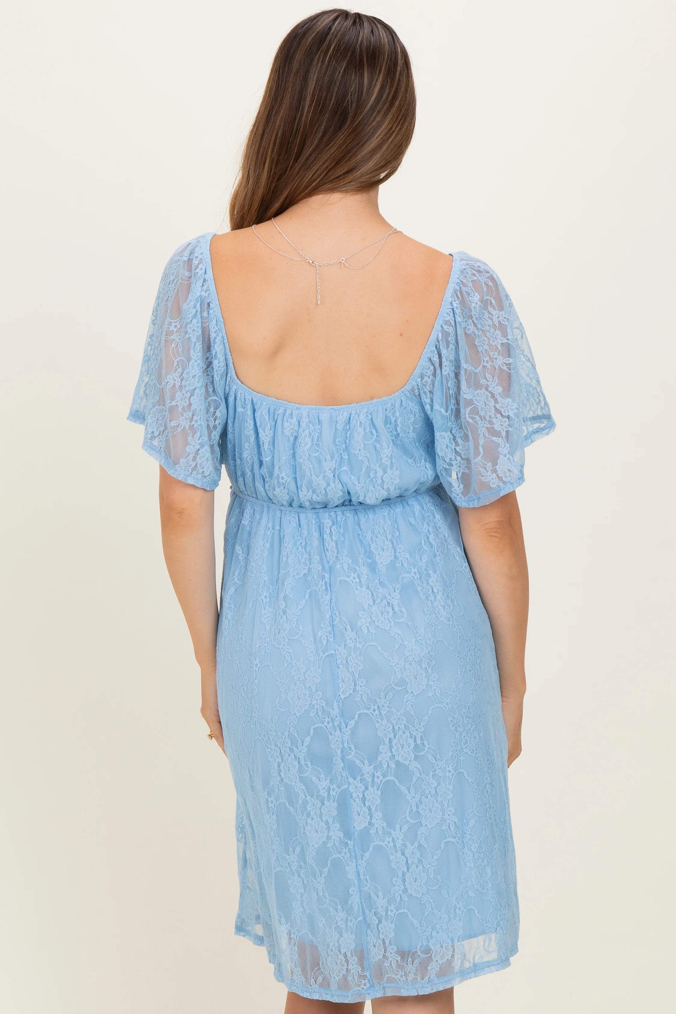 Light Blue Floral Lace Square Neck Ruffle Trim Maternity Maxi Dress - Image 3