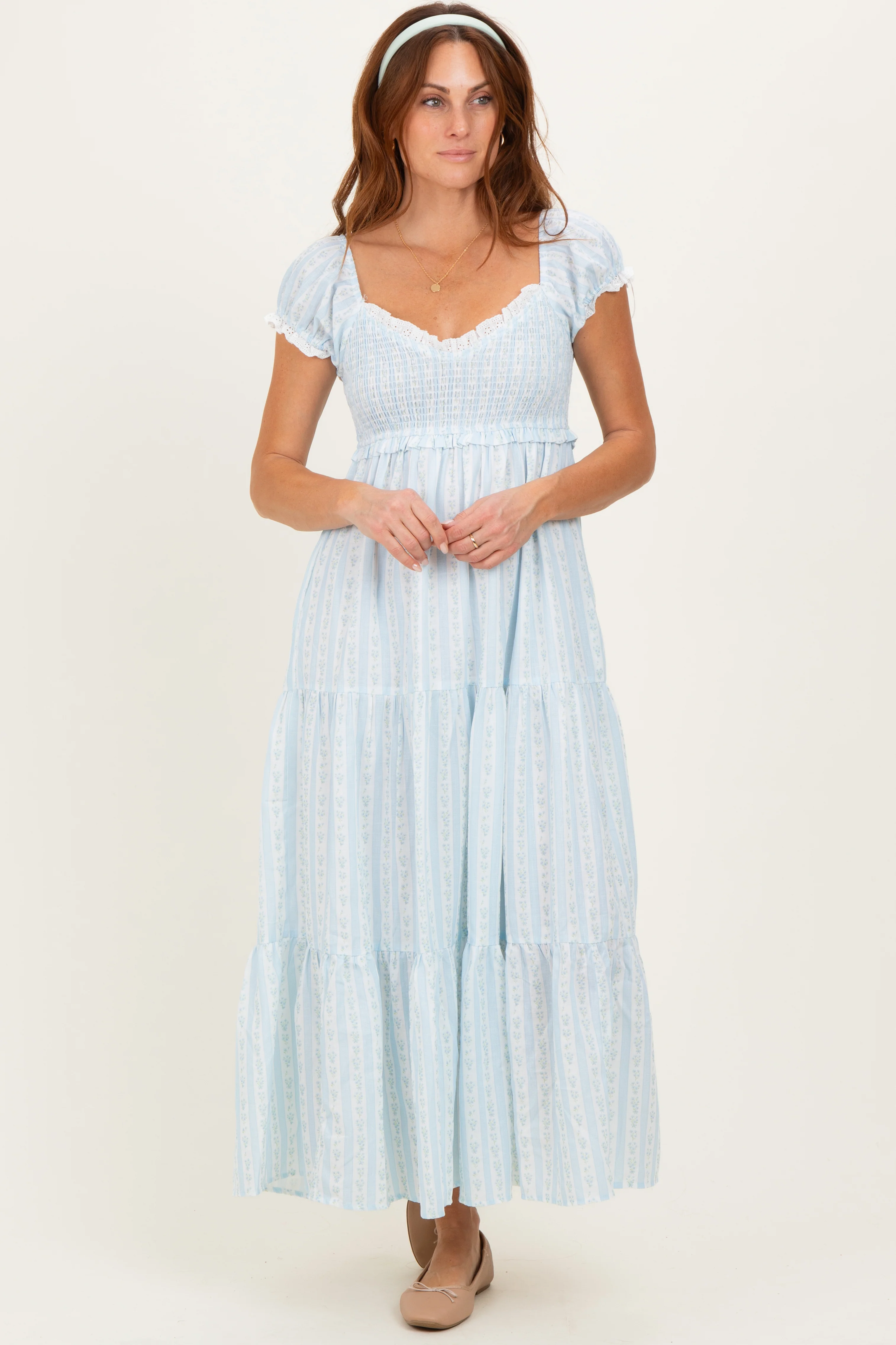 Light Blue Floral Lace Trim Tiered Maxi Dress - Image 2
