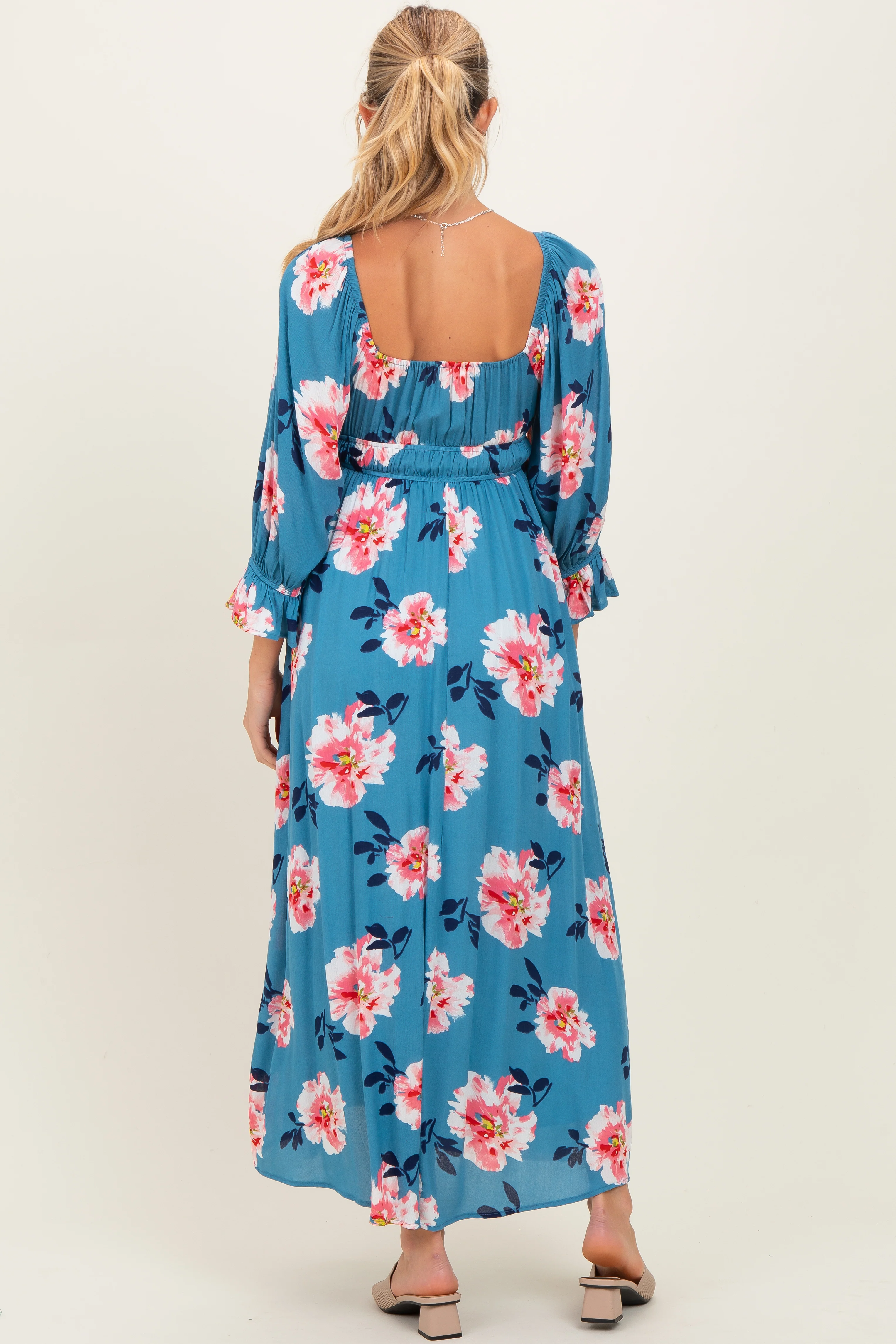 Light Blue Floral Long Sleeve Square Neck Smocked Maternity Maxi Dress - Image 4