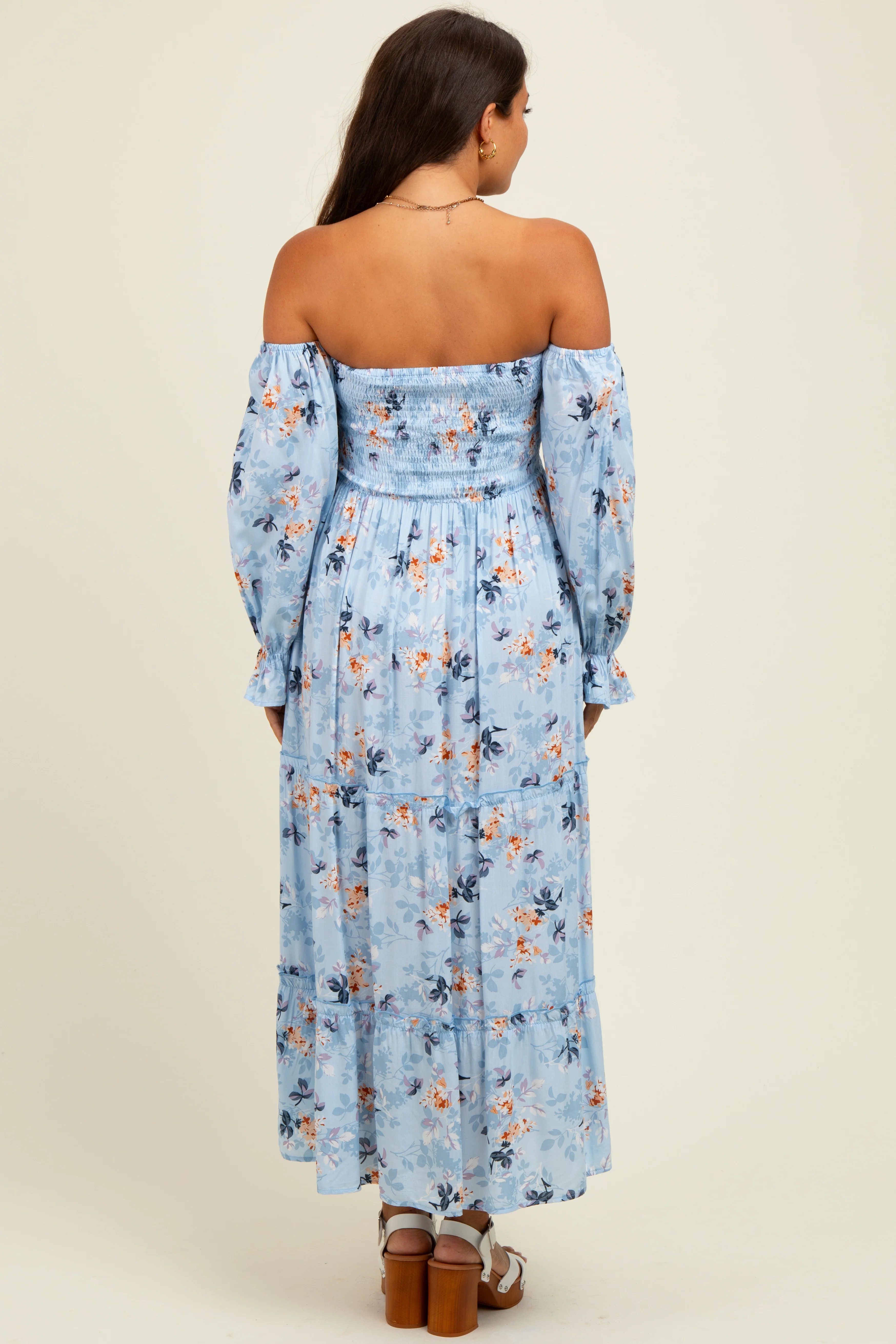 Light Blue Floral Off Shoulder Long Sleeve Maternity Maxi Dress - Image 4