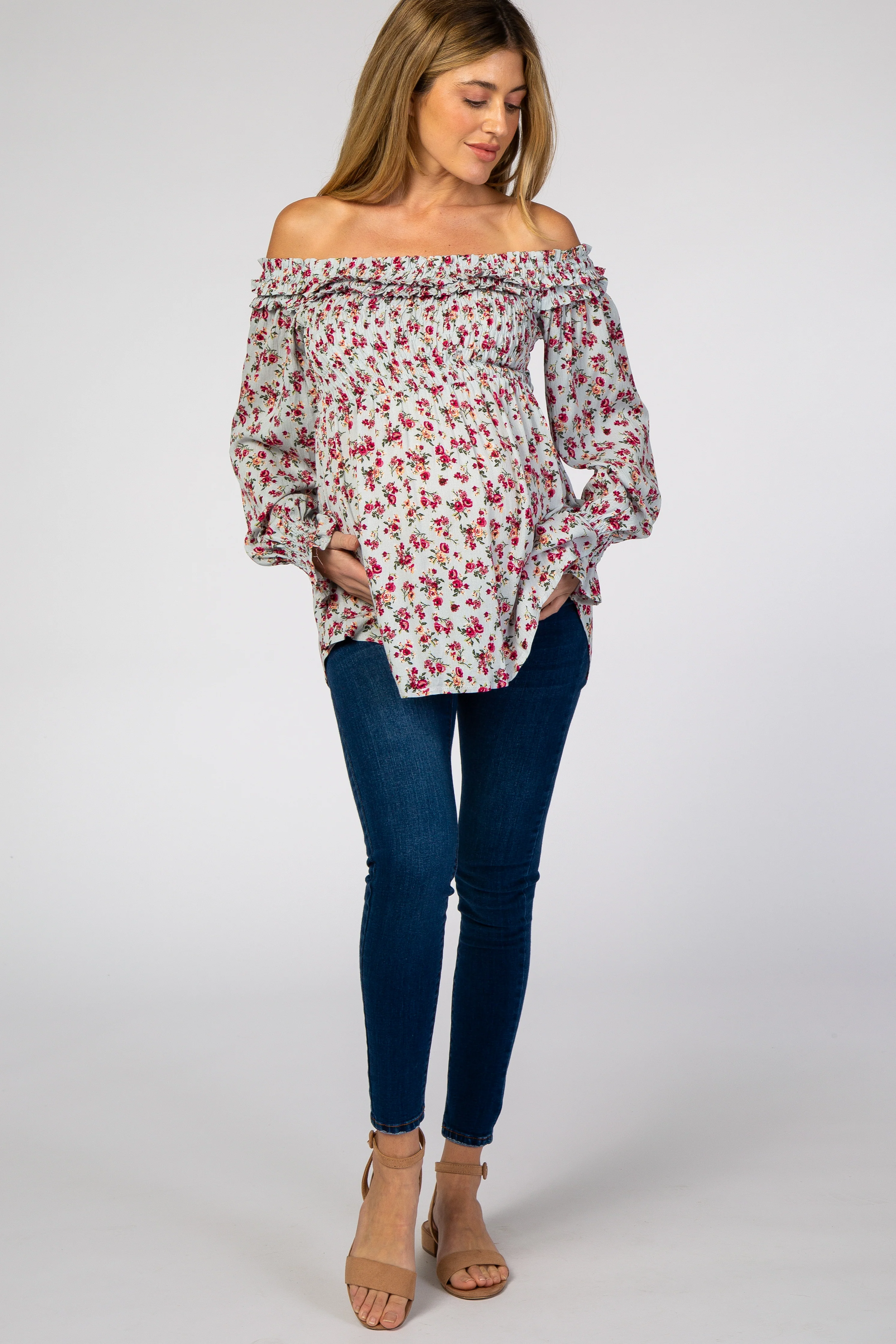 Light Blue Floral Off Shoulder Long Sleeve Maternity Top - Image 4