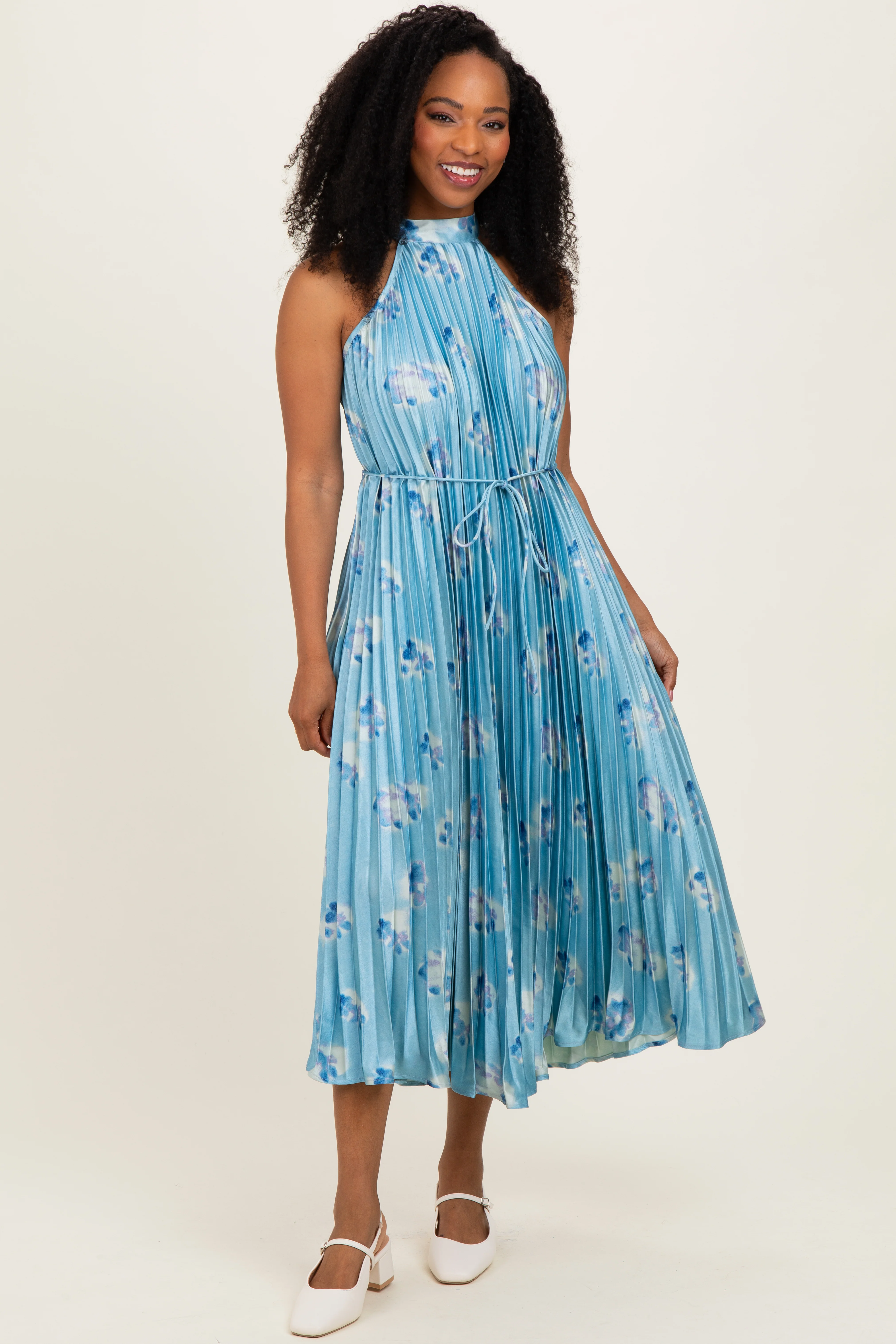 Light Blue Floral Pleated Halter Maternity Midi Dress - Image 3