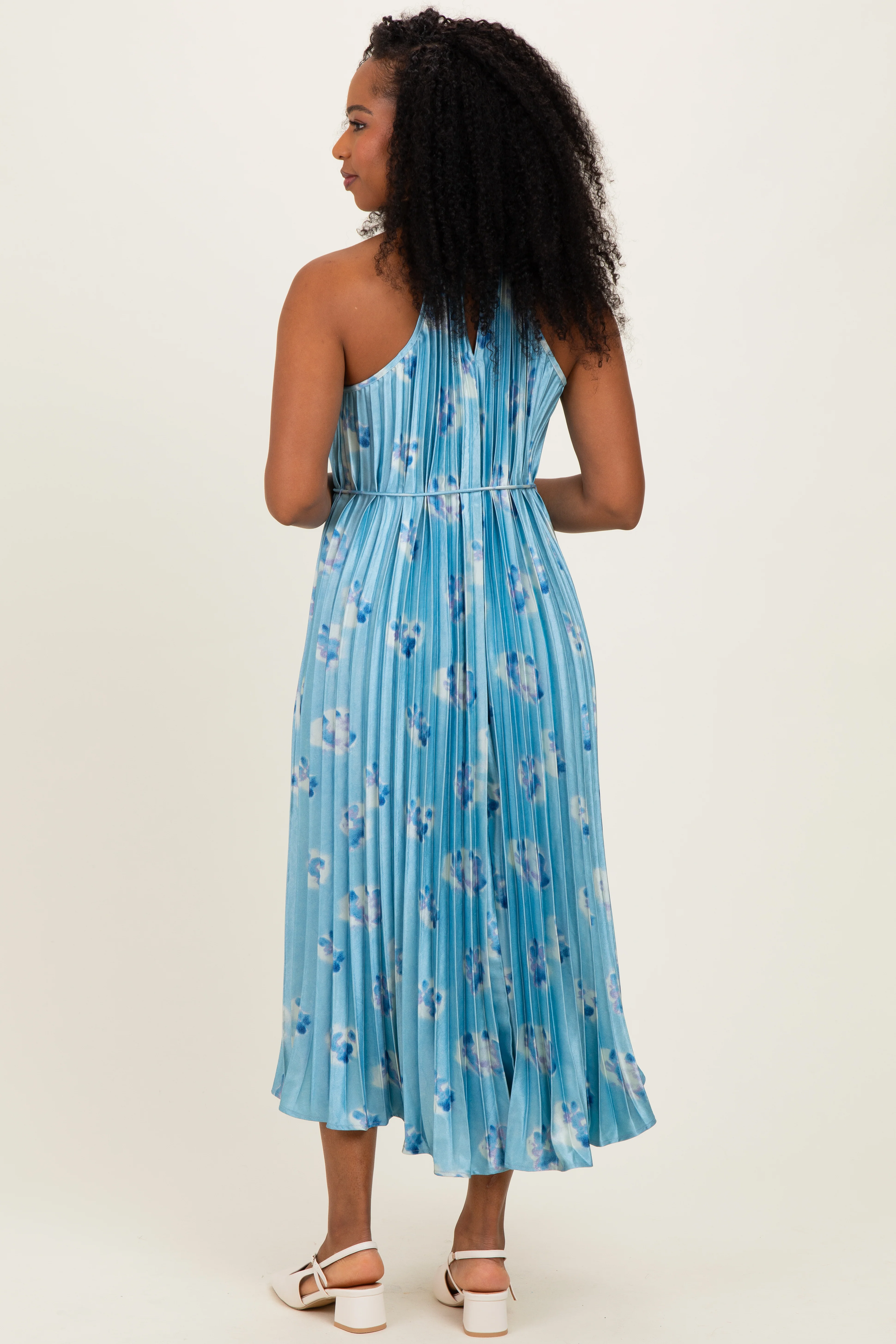 Light Blue Floral Pleated Halter Midi Dress - Image 3