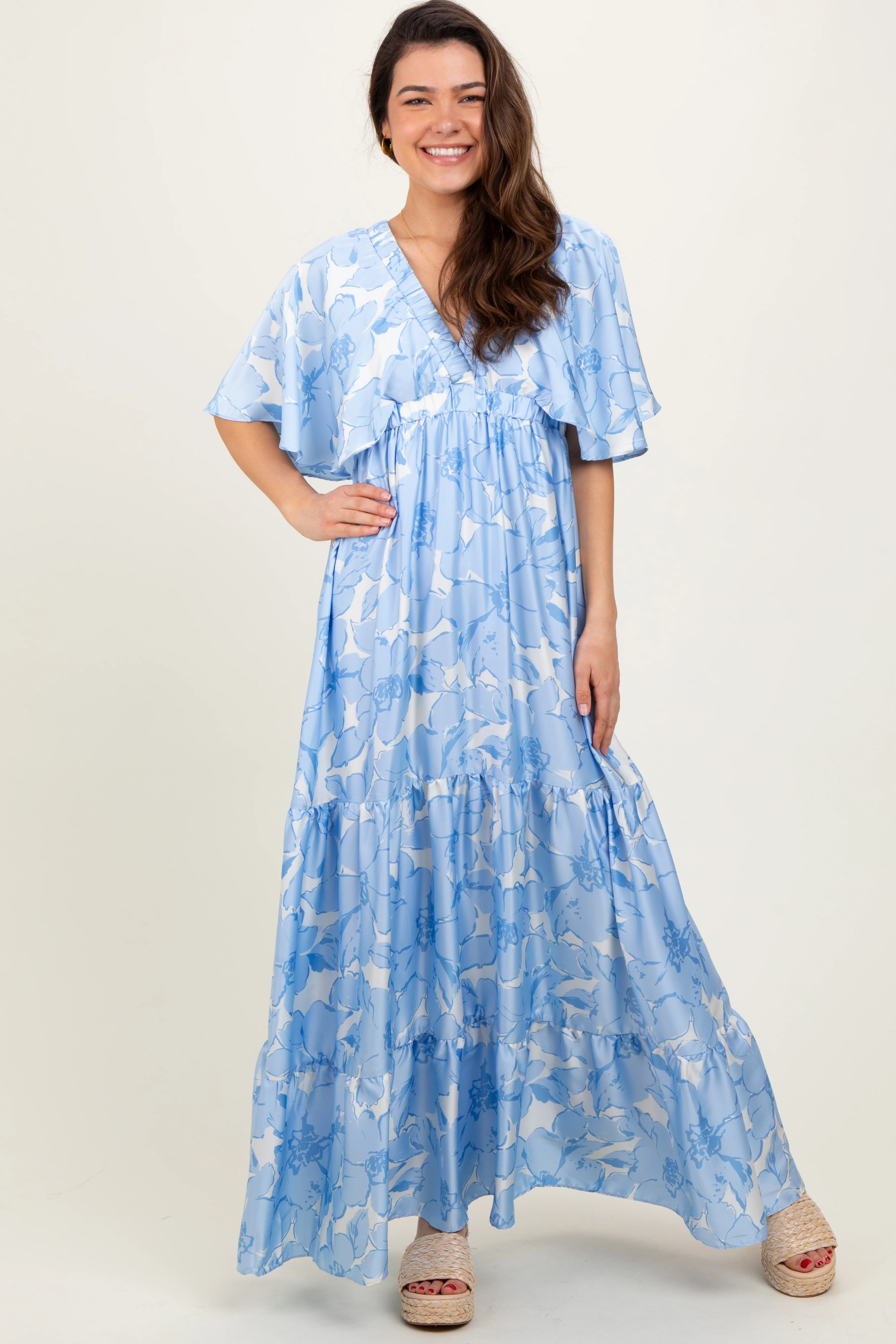 Light Blue Floral Short Sleeve Deep V-Neck Tiered Maternity Maxi Dress - Image 5