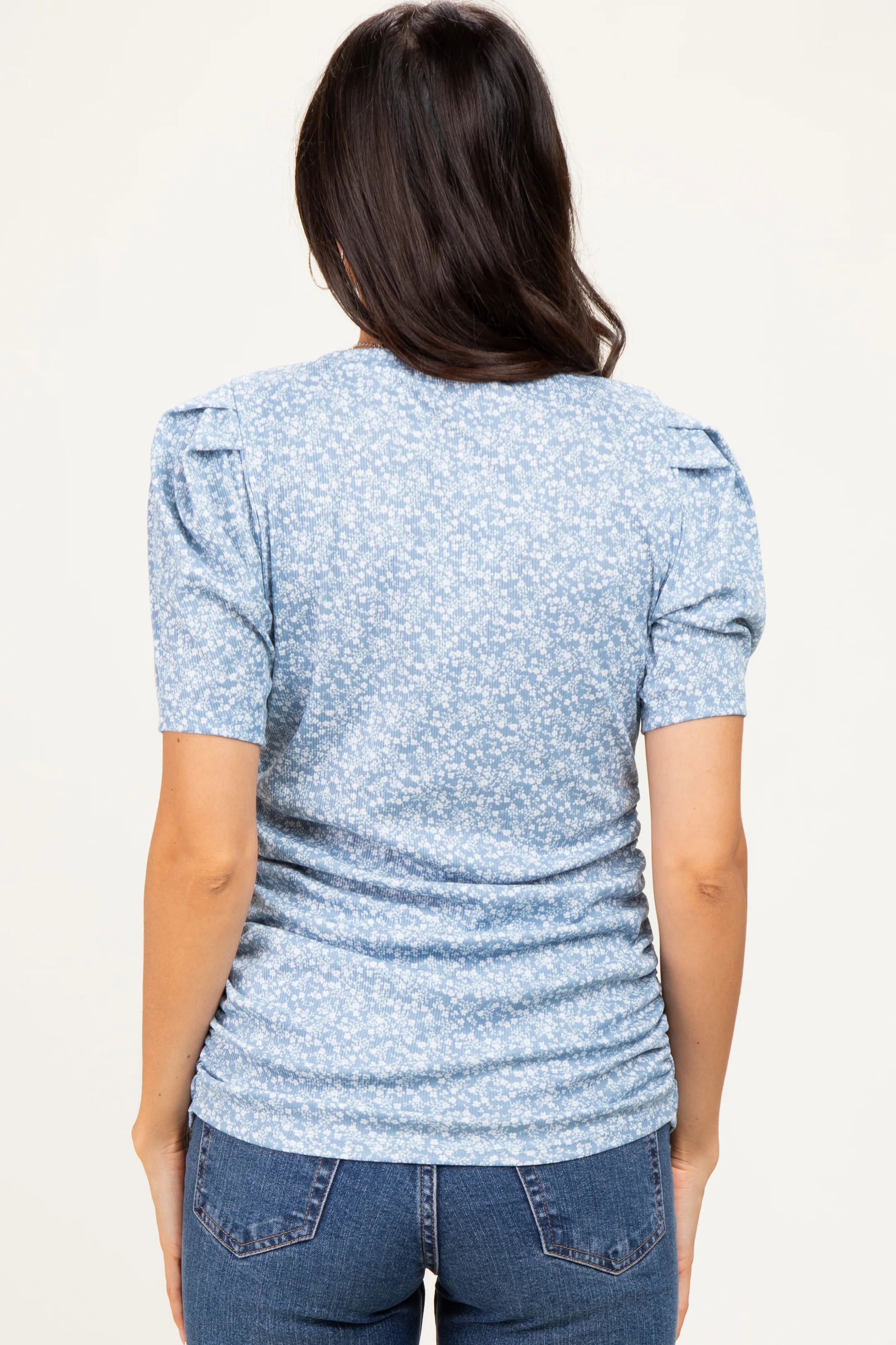 Light Blue Floral Short Sleeve Ribbed Top - Image 3
