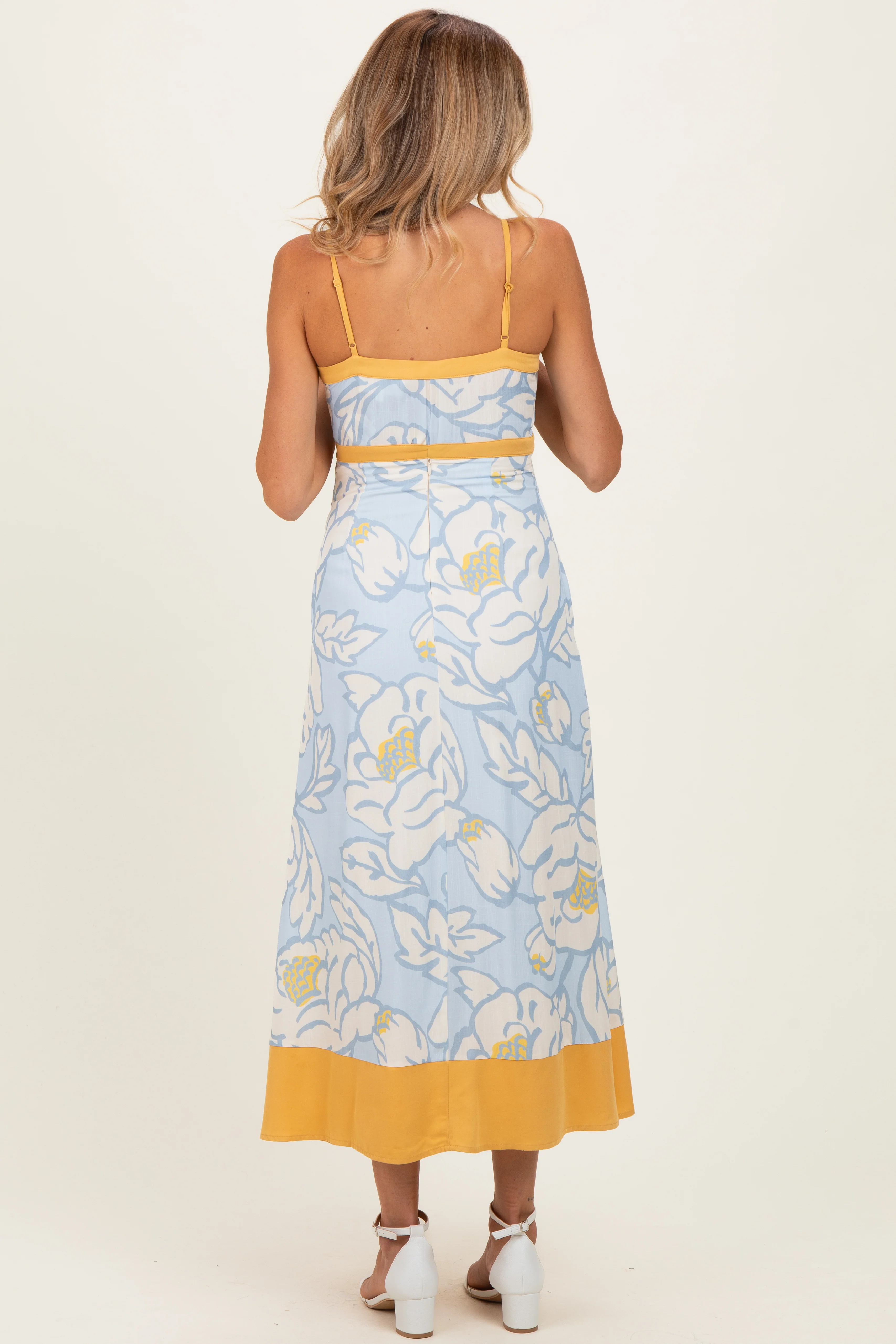 Light Blue Floral Sleeveless Flowy Maternity Maxi Dress - Image 3