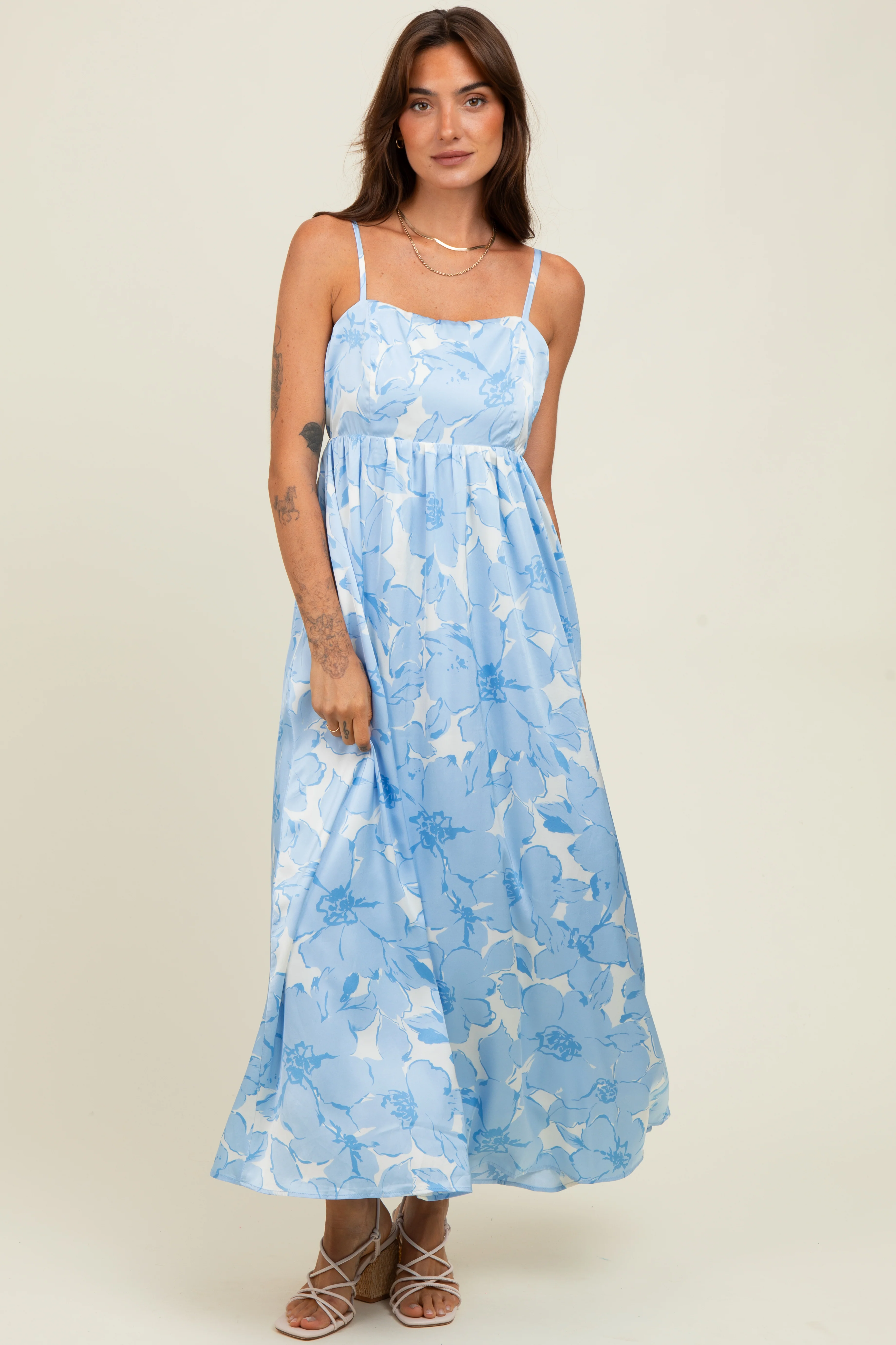Light Blue Floral Sleeveless Maternity Maxi Dress - Image 4