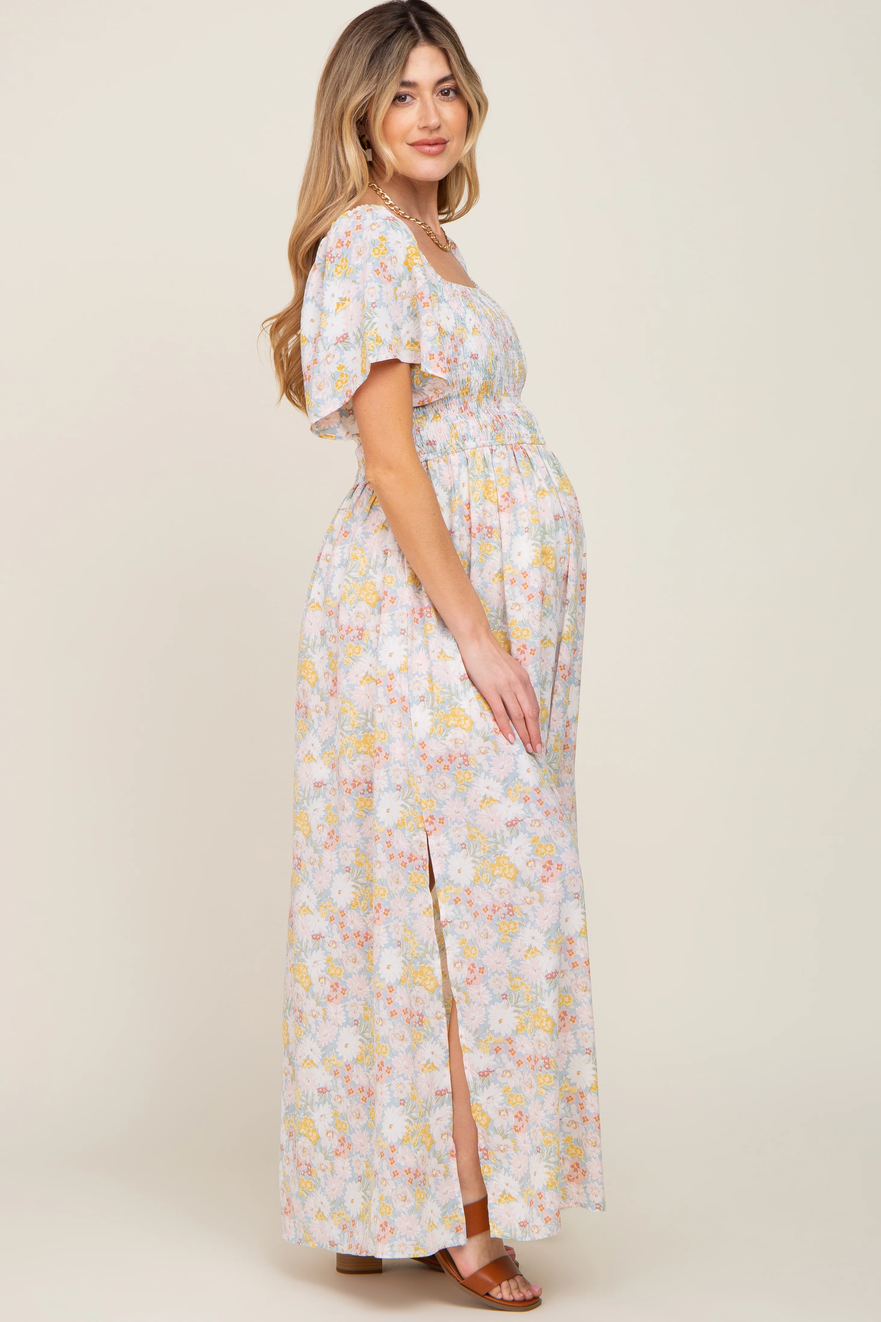 Light Blue Floral Smocked Maternity Maxi Dress - Image 3