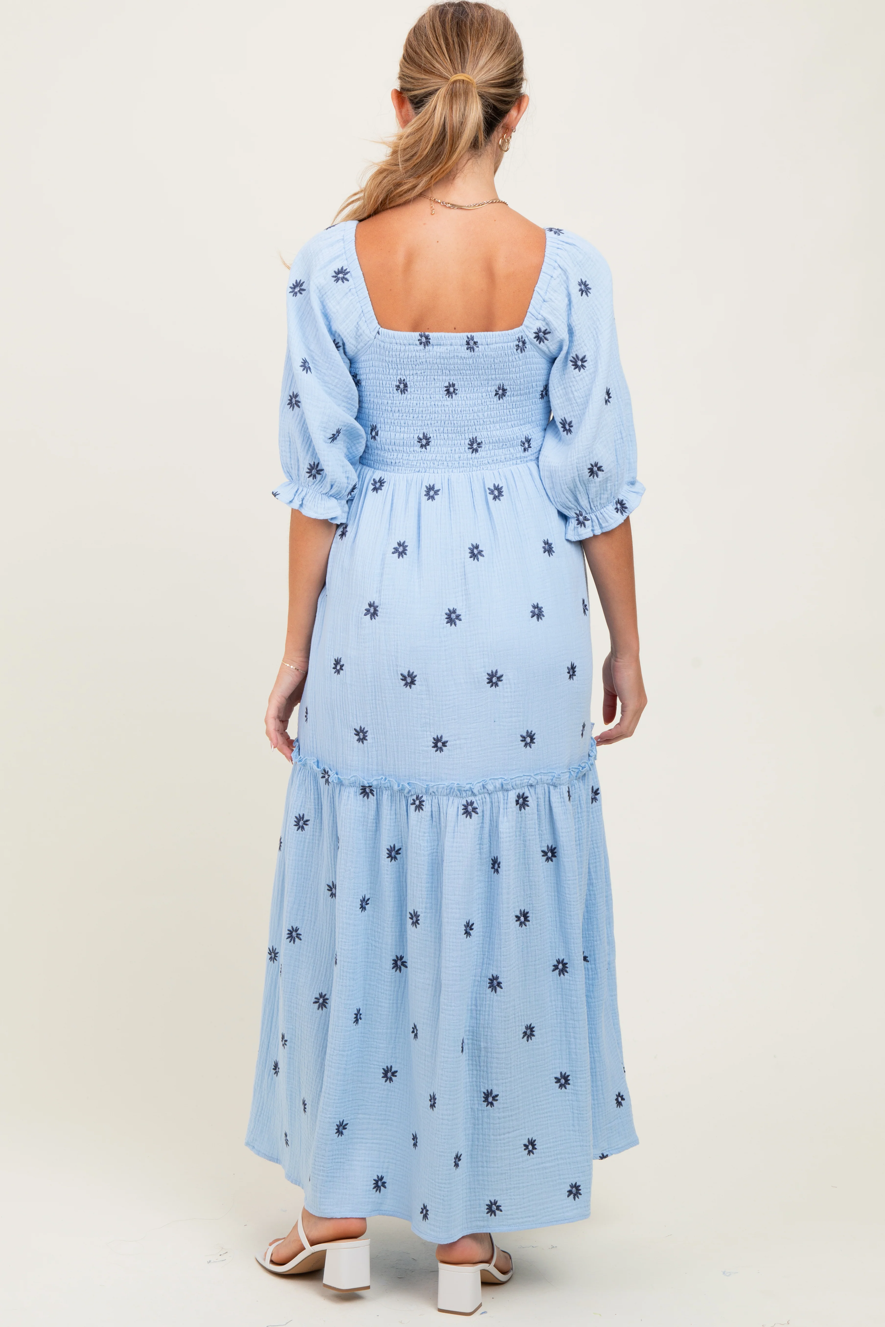 Light Blue Floral Smocked Puff Sleeve Maternity Maxi Dress - Image 4