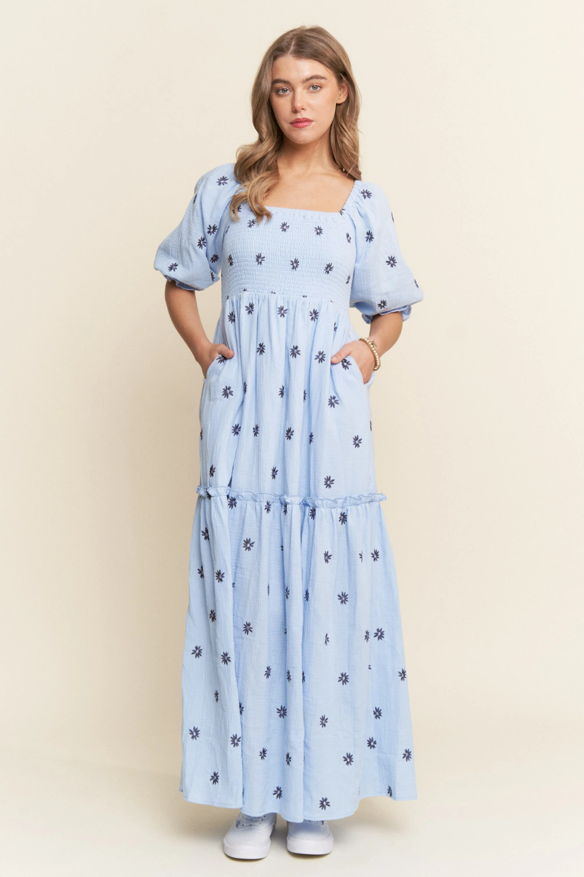Light Blue Floral Smocked Puff Sleeve Maternity Maxi Dress - Image 5