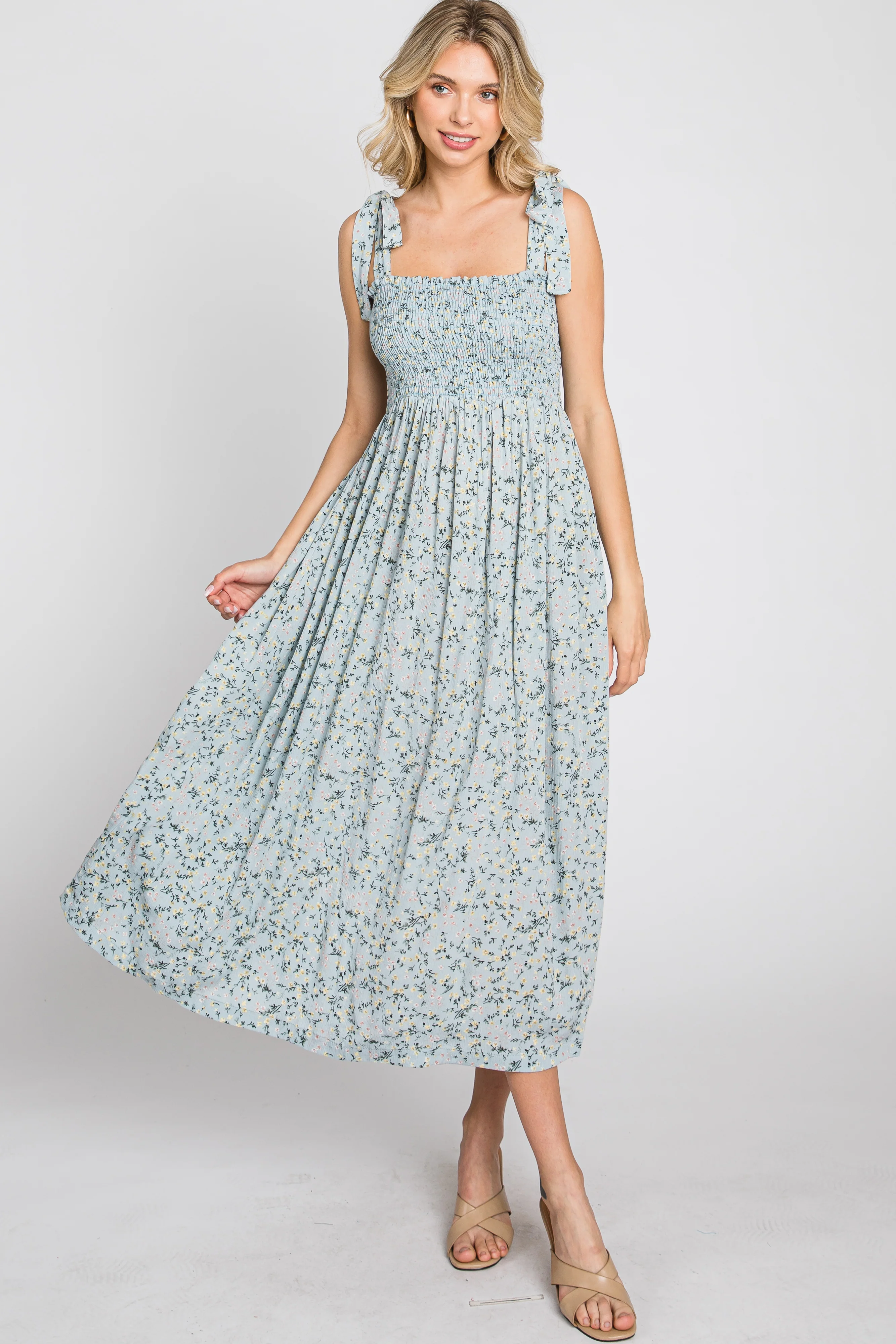 Light Blue Floral Smocked Tie Strap Midi Dress - Image 10