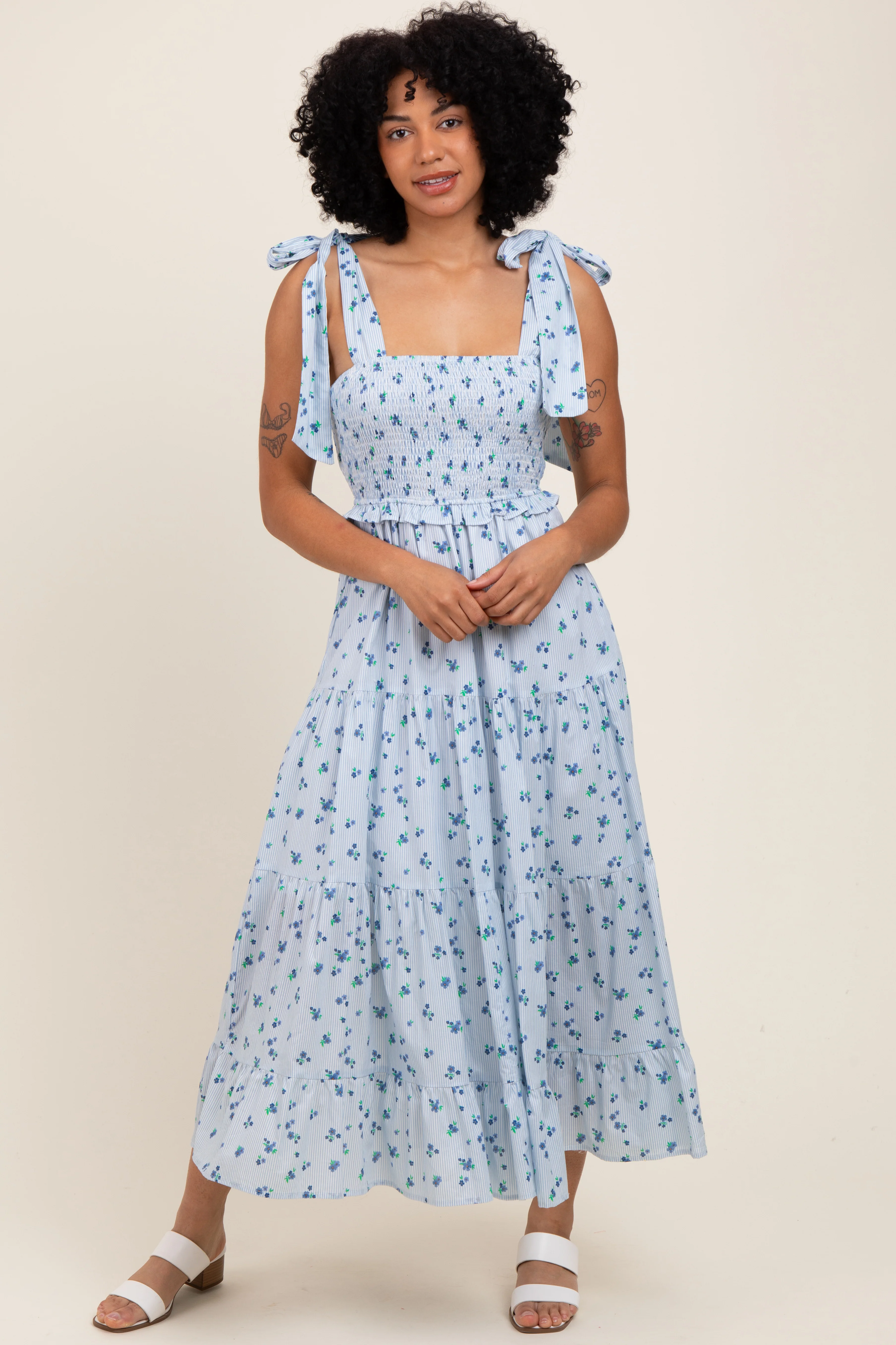 Light Blue Floral Striped Smocked Shoulder Tie Maxi Dress