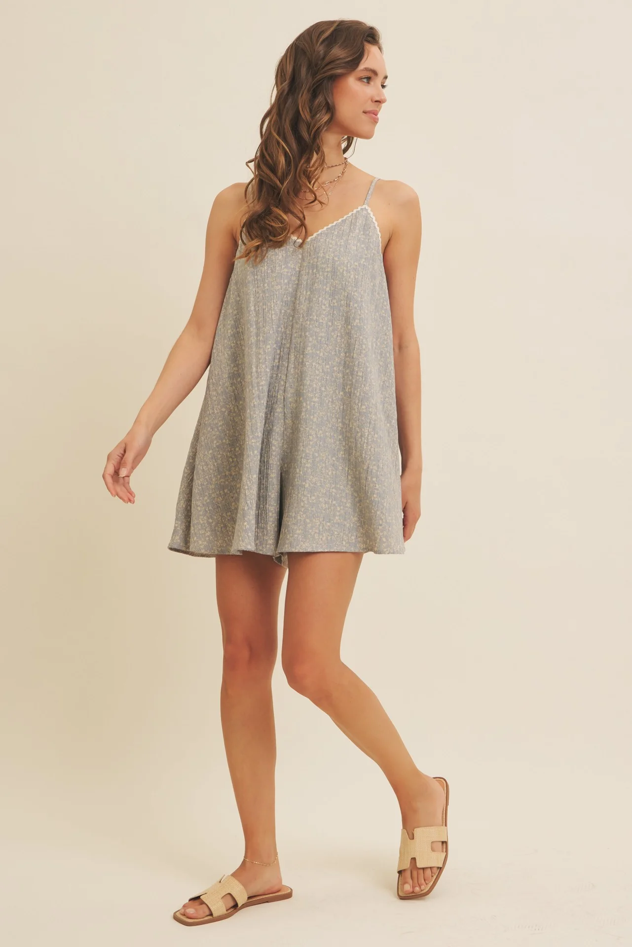 Light Blue Flowy Jacquard Ditsy Romper - Image 4