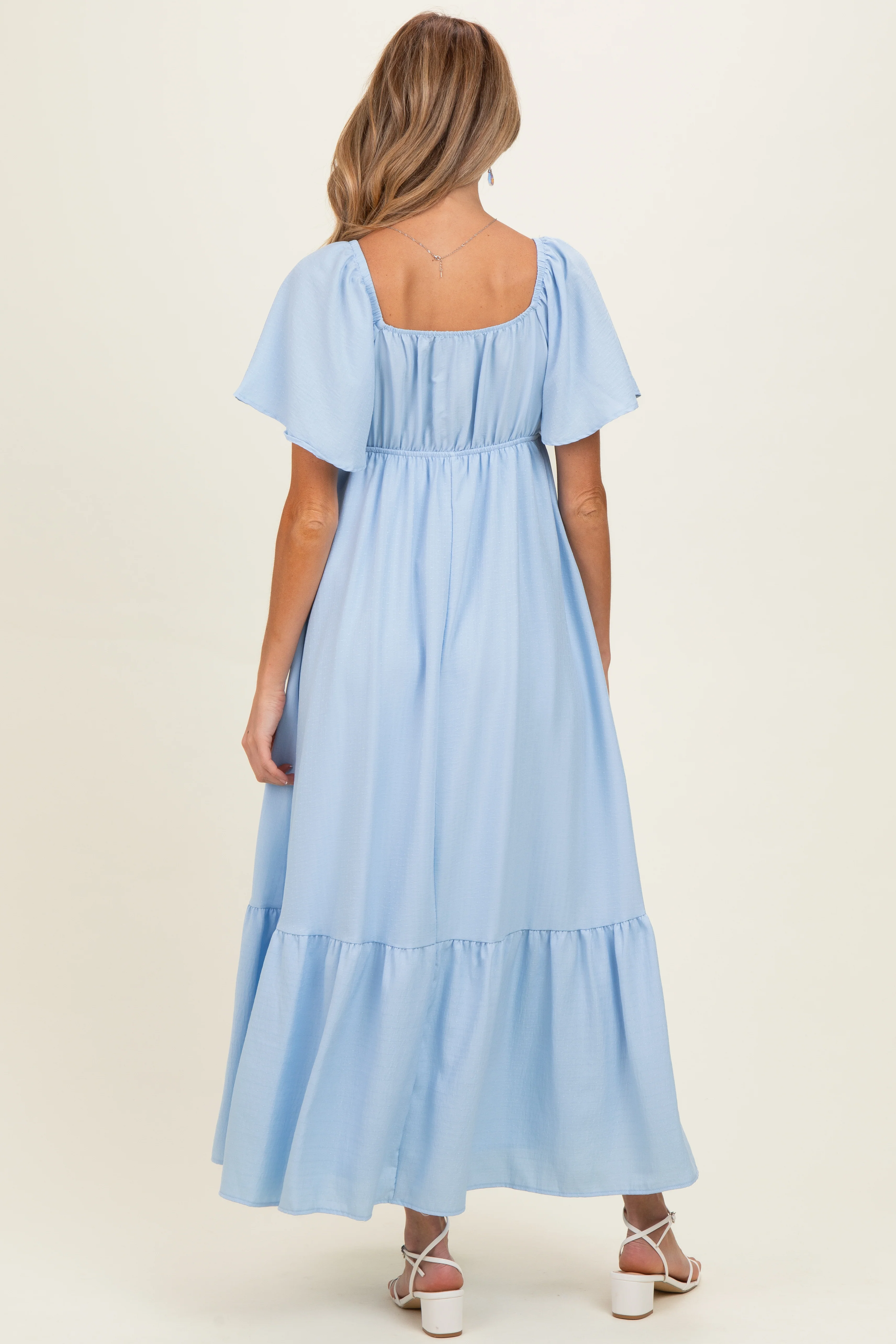 Light Blue Flutter Sleeve Ruffle Hem Maternity Maxi Dress - Image 3