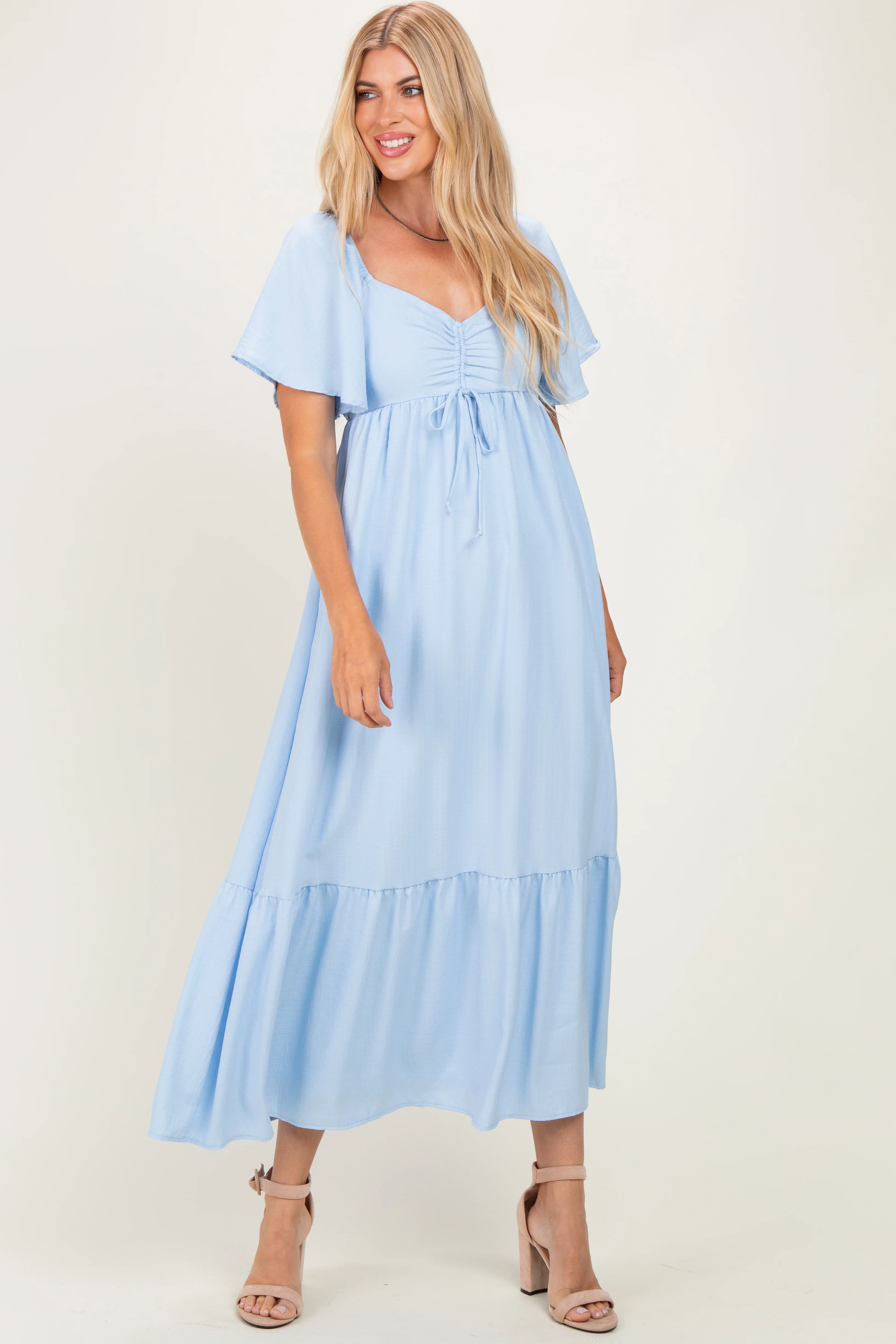 Light Blue Flutter Sleeve Ruffle Hem Maternity Maxi Dress - Image 4
