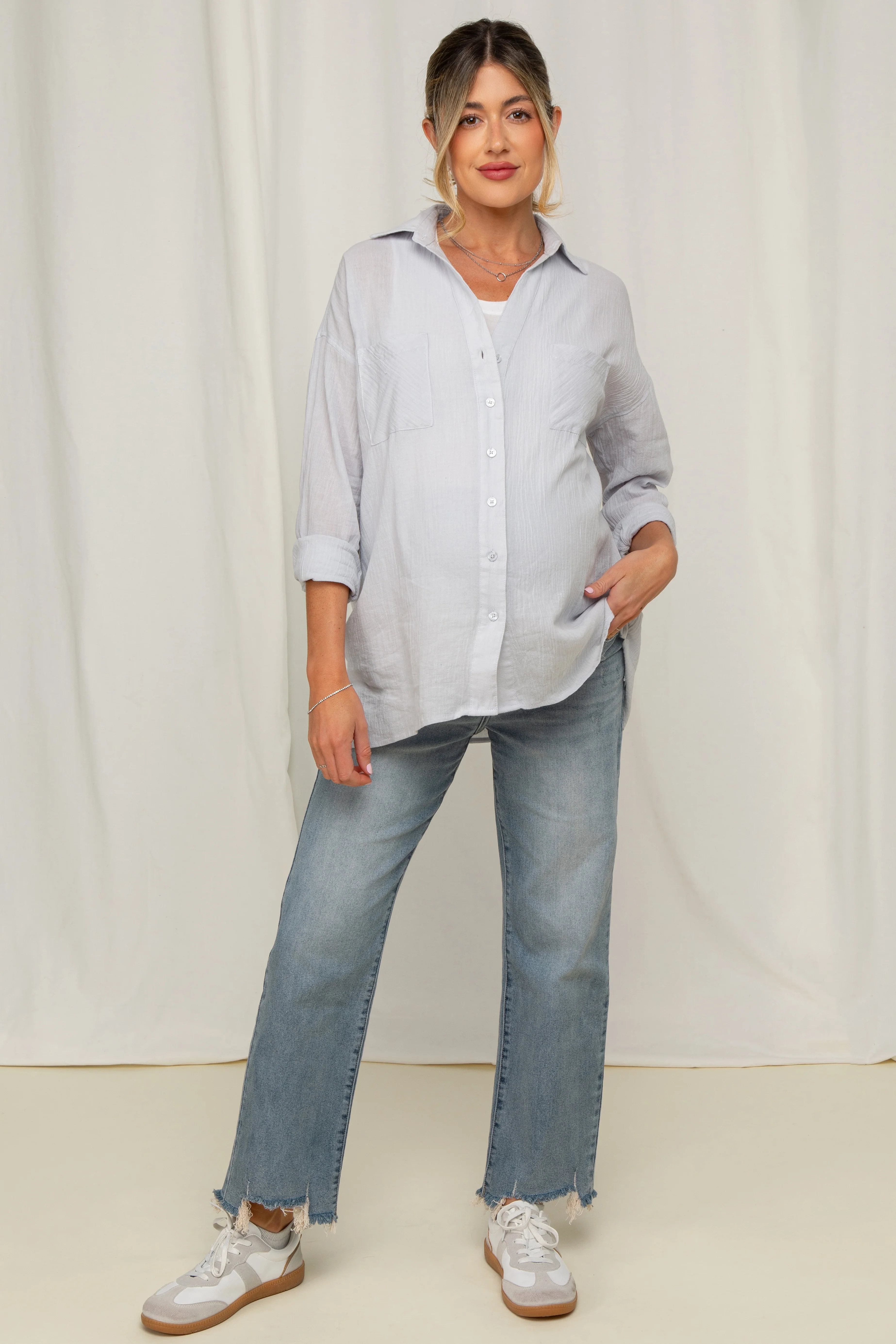 Light Blue Fringe Hem Maternity Wide Leg Jeans