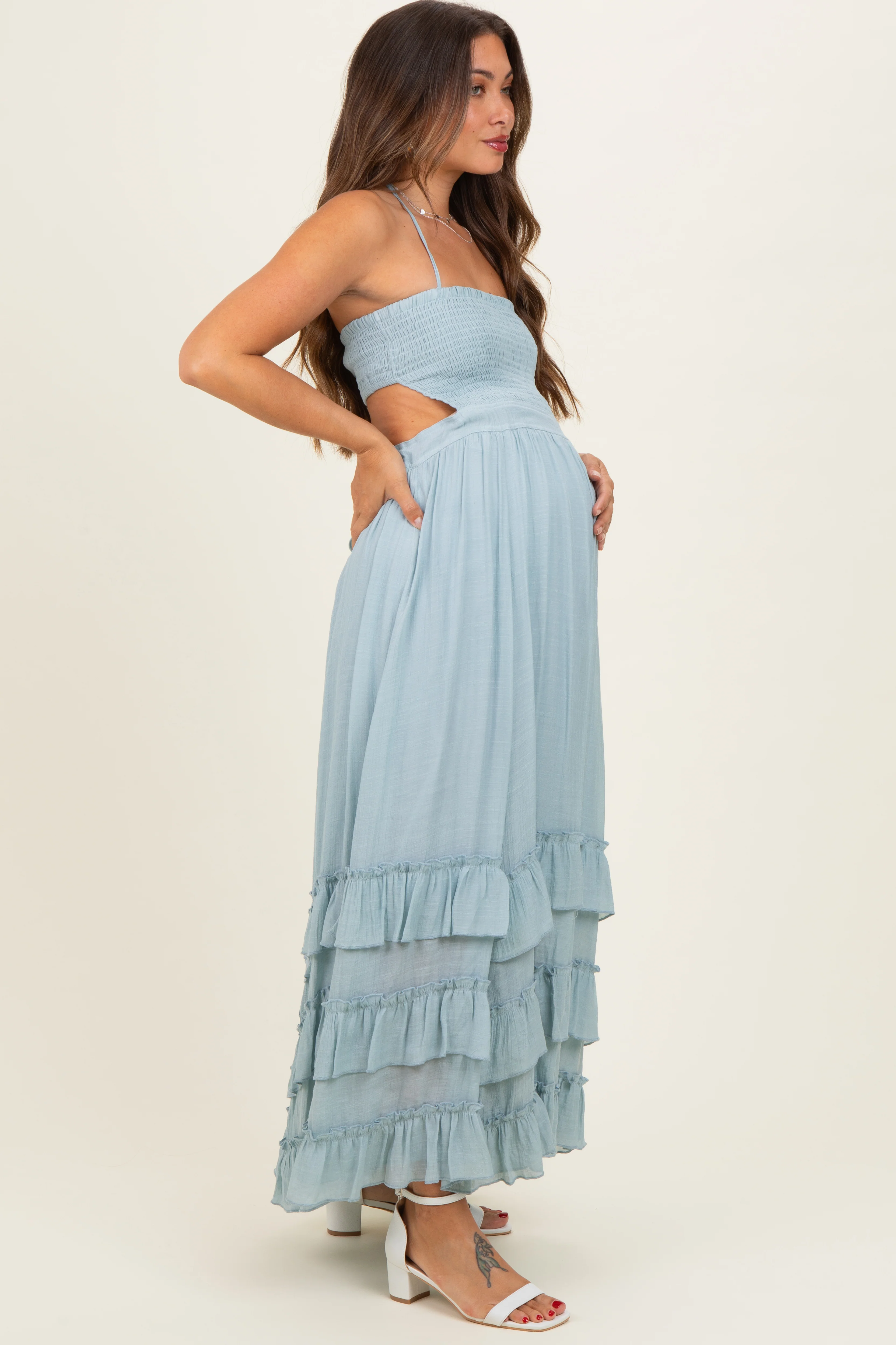 Light Blue Halter Smocked Ruffle Tier Hem Maternity Maxi Dress - Image 3