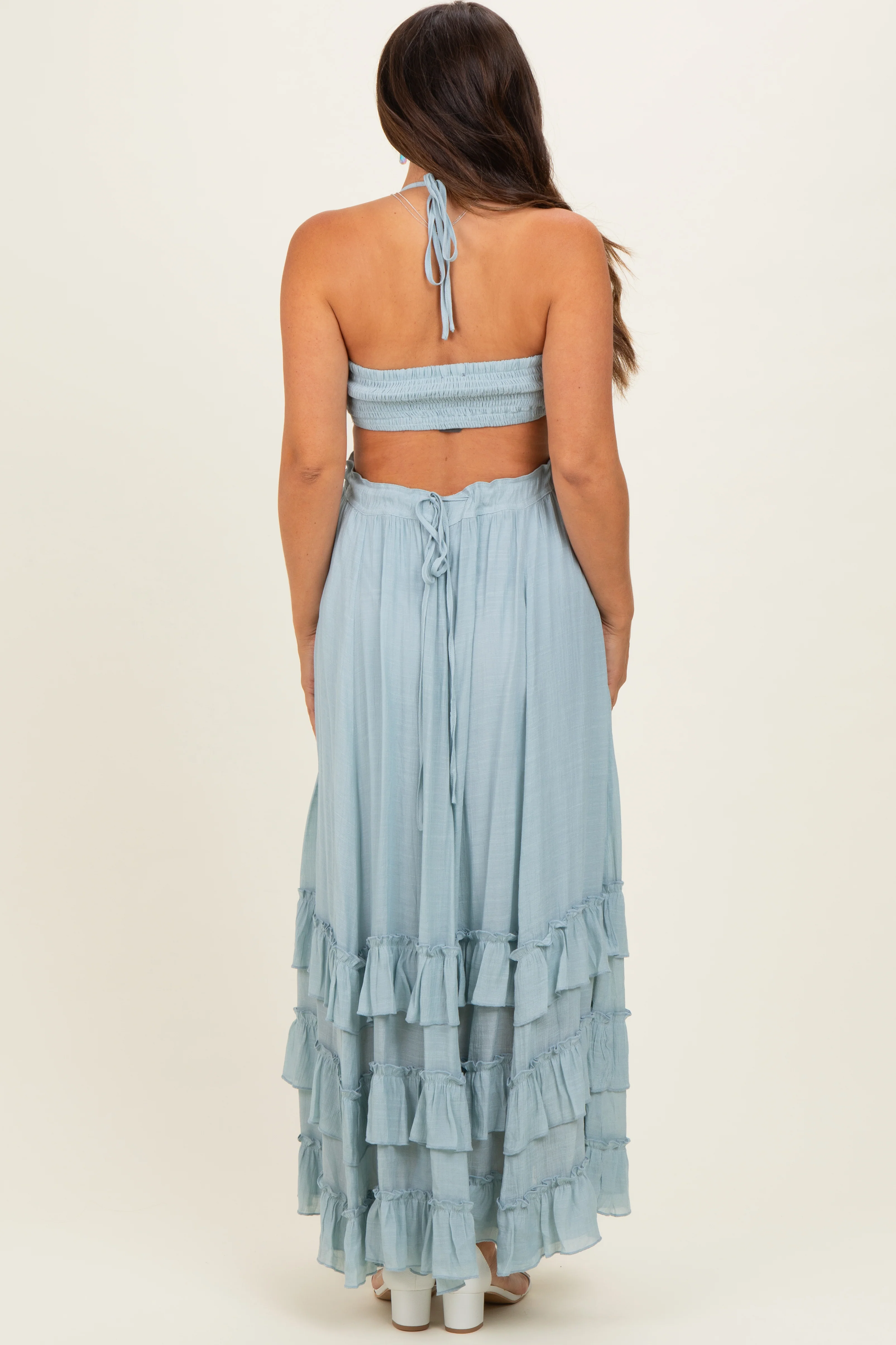 Light Blue Halter Smocked Ruffle Tier Hem Maternity Maxi Dress - Image 4