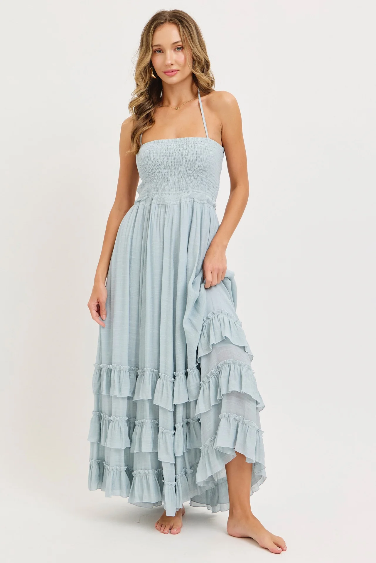 Light Blue Halter Smocked Ruffle Tier Hem Maternity Maxi Dress - Image 5