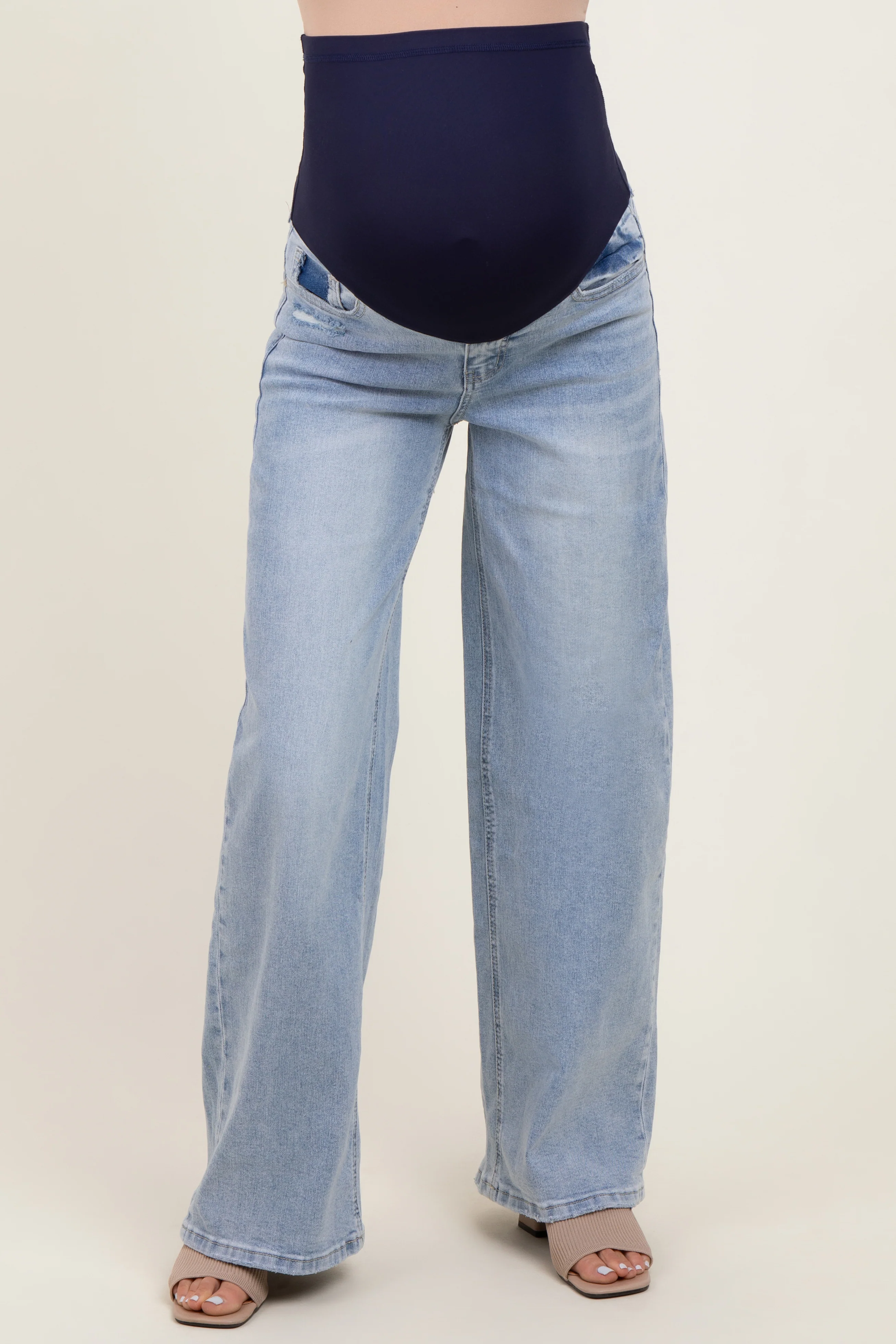 Light Blue Lightly Distressed Wide Leg Maternity Jeans - Image 3