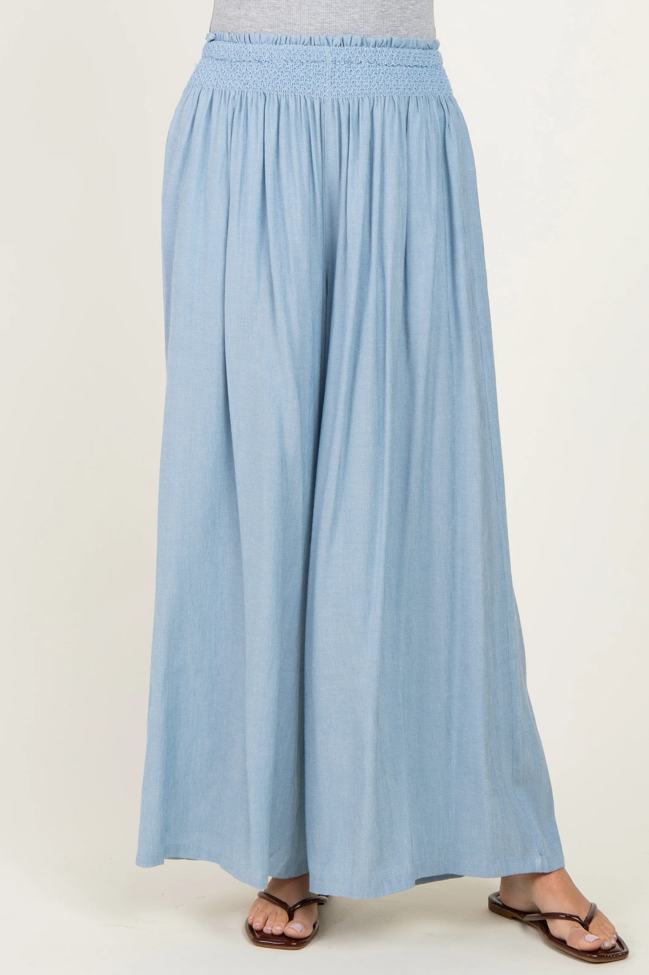 Light Blue Linen-Blend Wide Leg Pants - Image 2