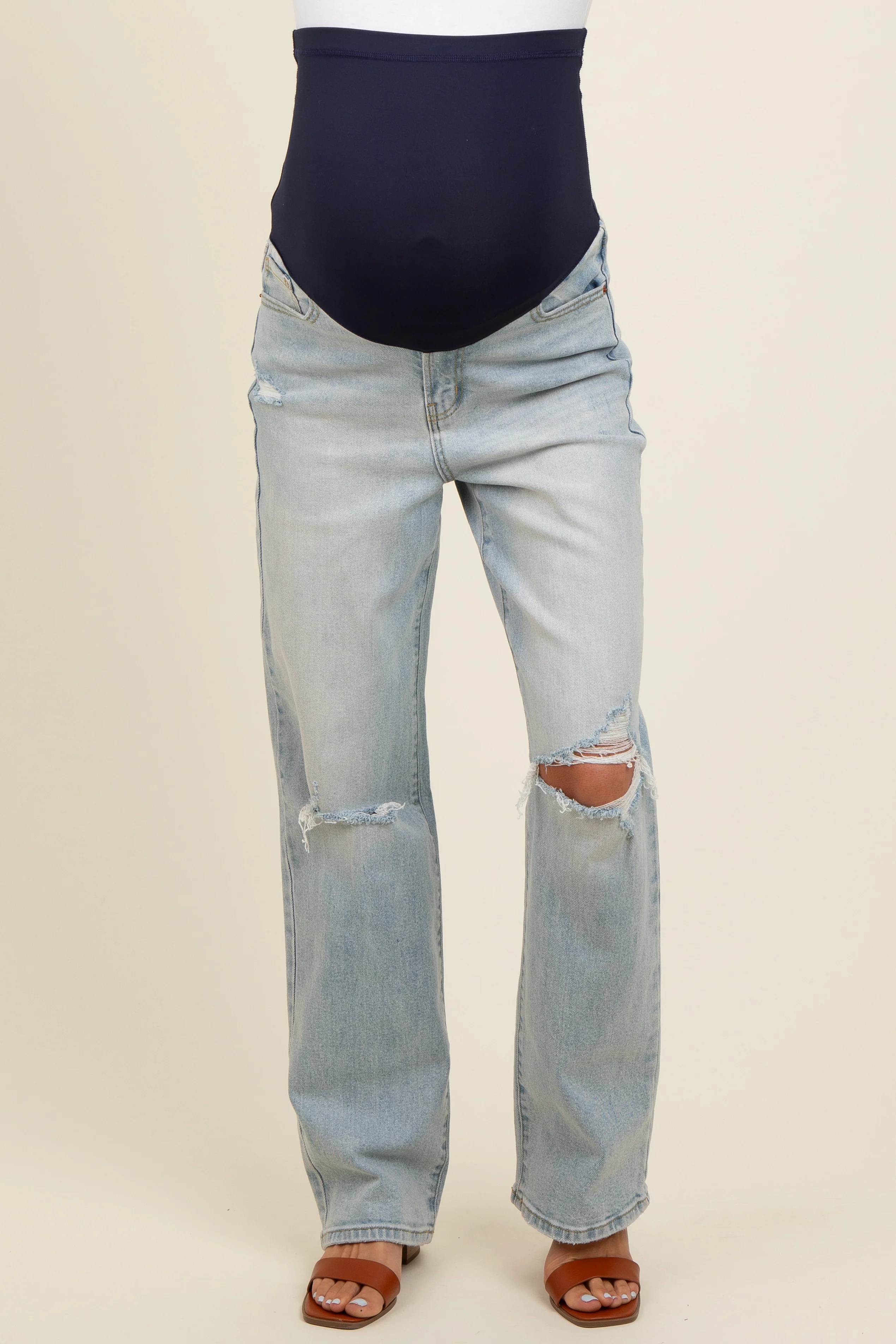 Light Blue Open Knee Relaxed Straight Leg Maternity Jeans - Image 4