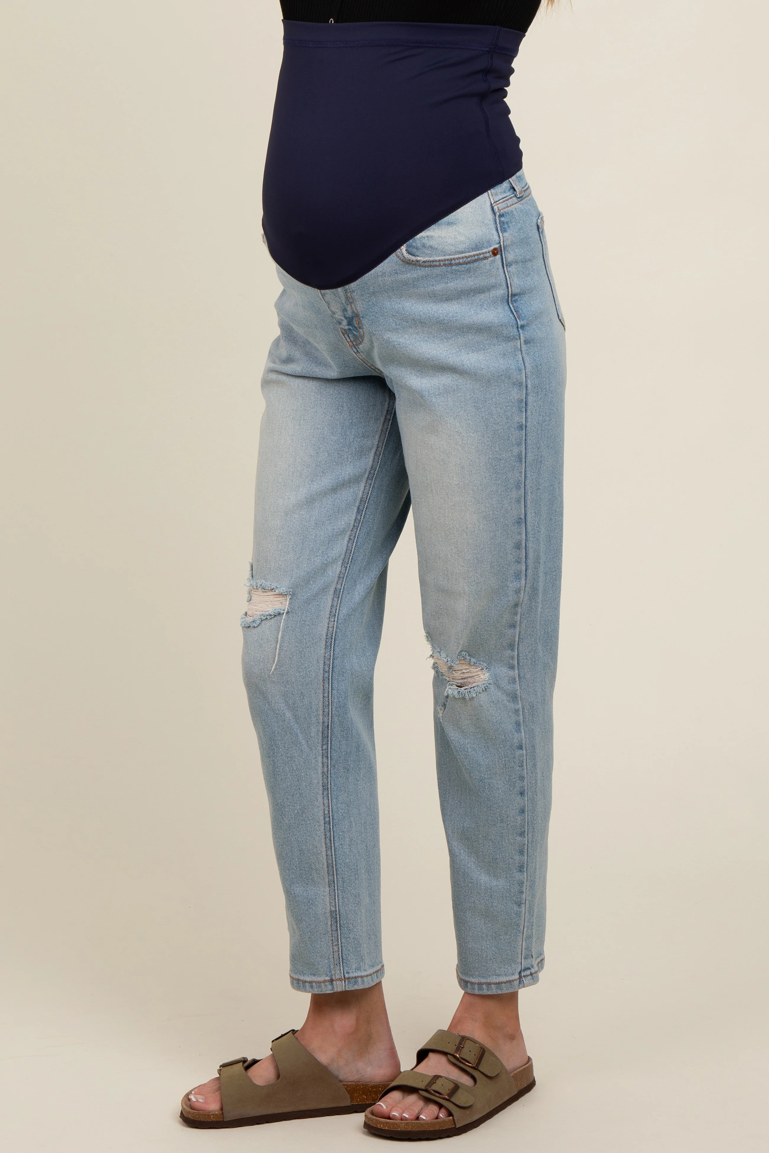 Light Blue Open Knee Straight Leg Maternity Jeans - Image 4