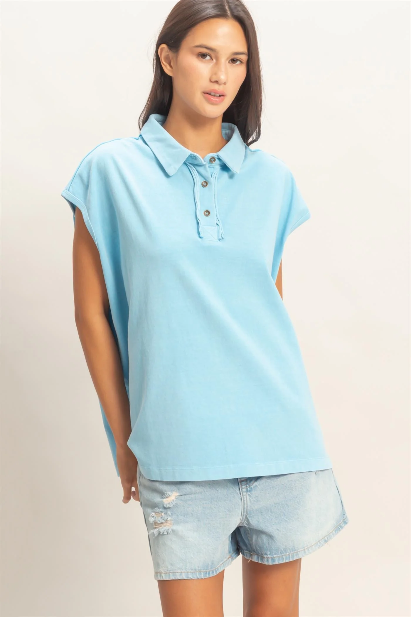 Light Blue Pigment Dye Sleeveless Polo Oversized Maternity Top - Image 5