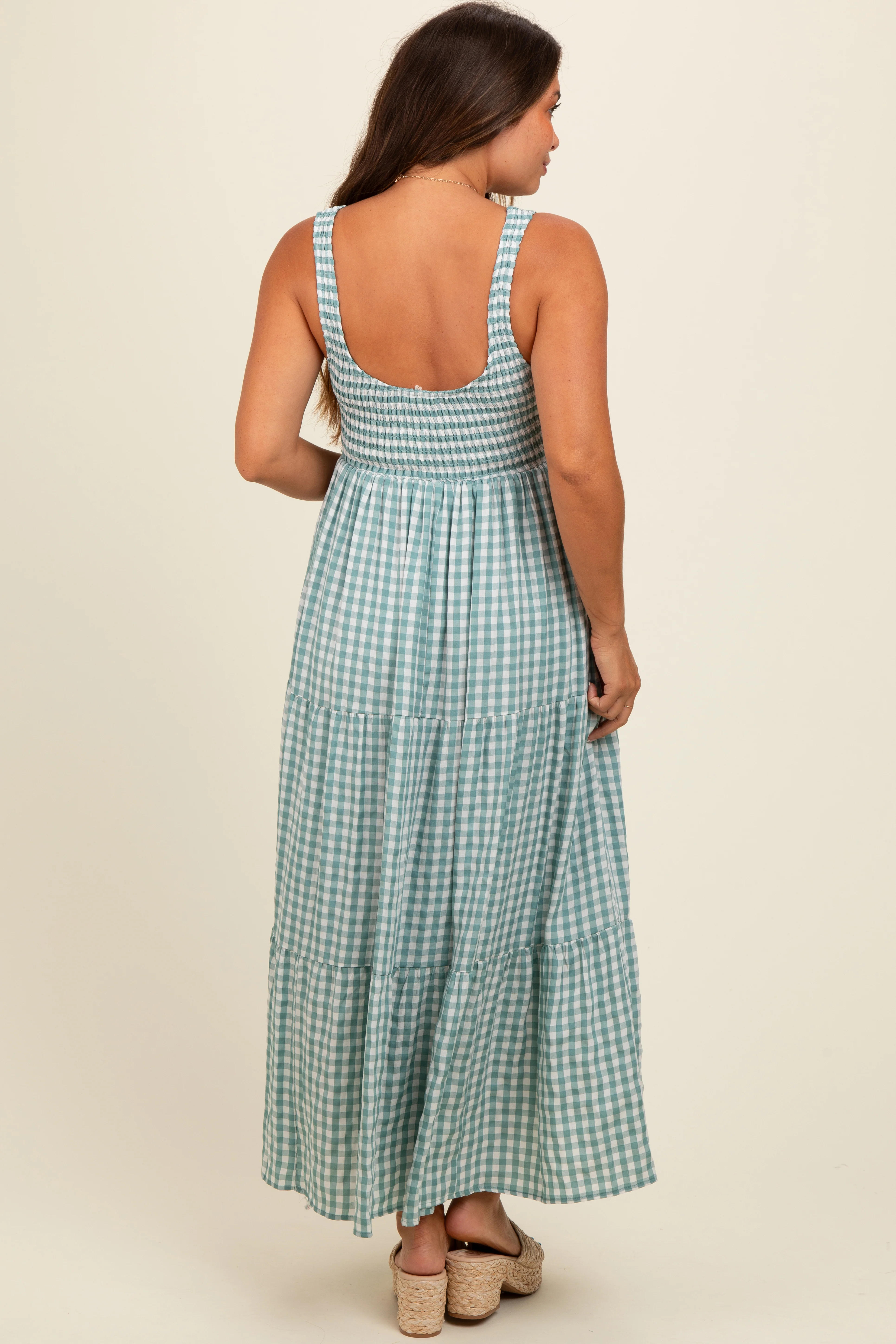 Light Blue Plaid Tiered Maternity Maxi Dress - Image 4