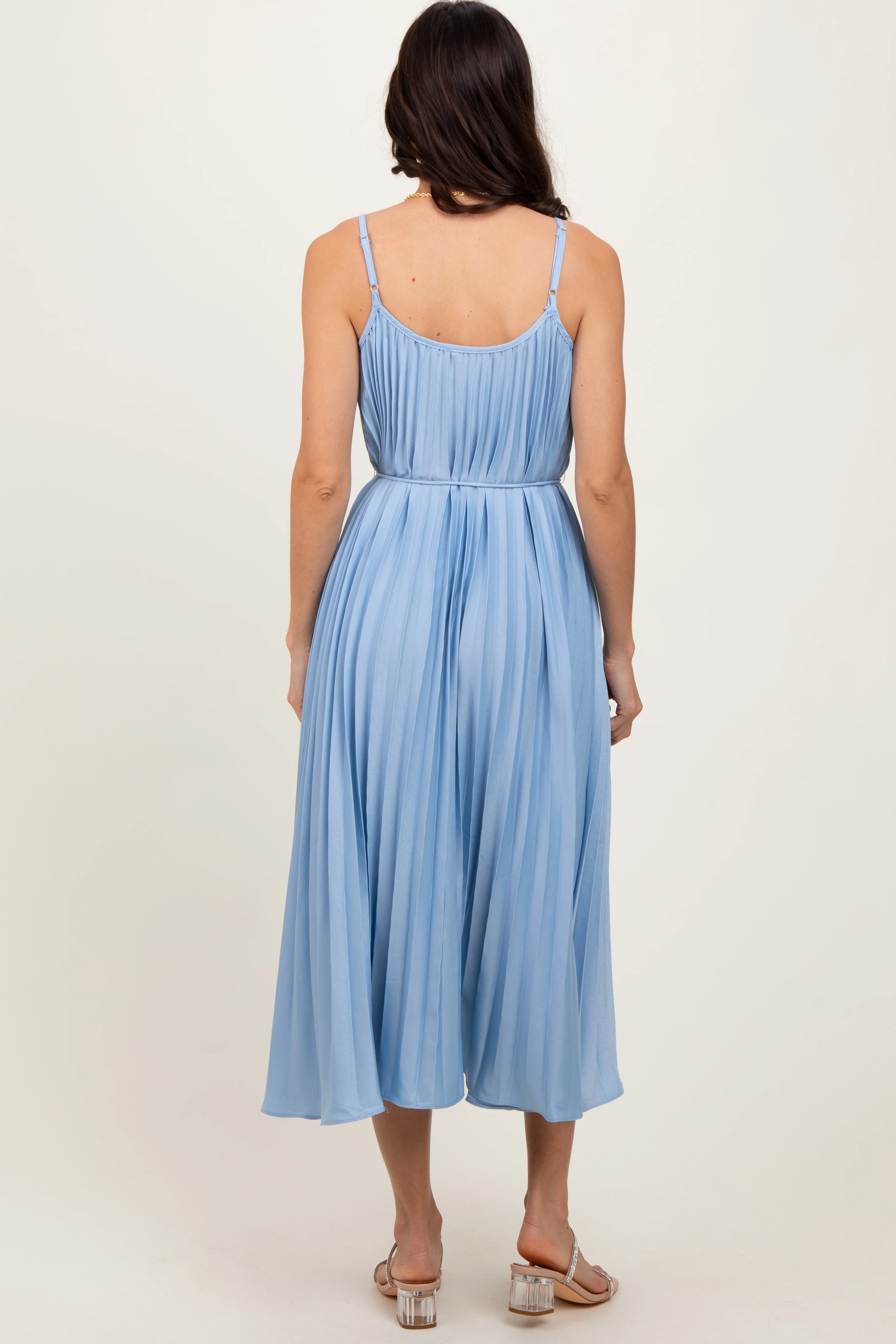 Light Blue Pleated Sash Tie Midi Dress - Image 4