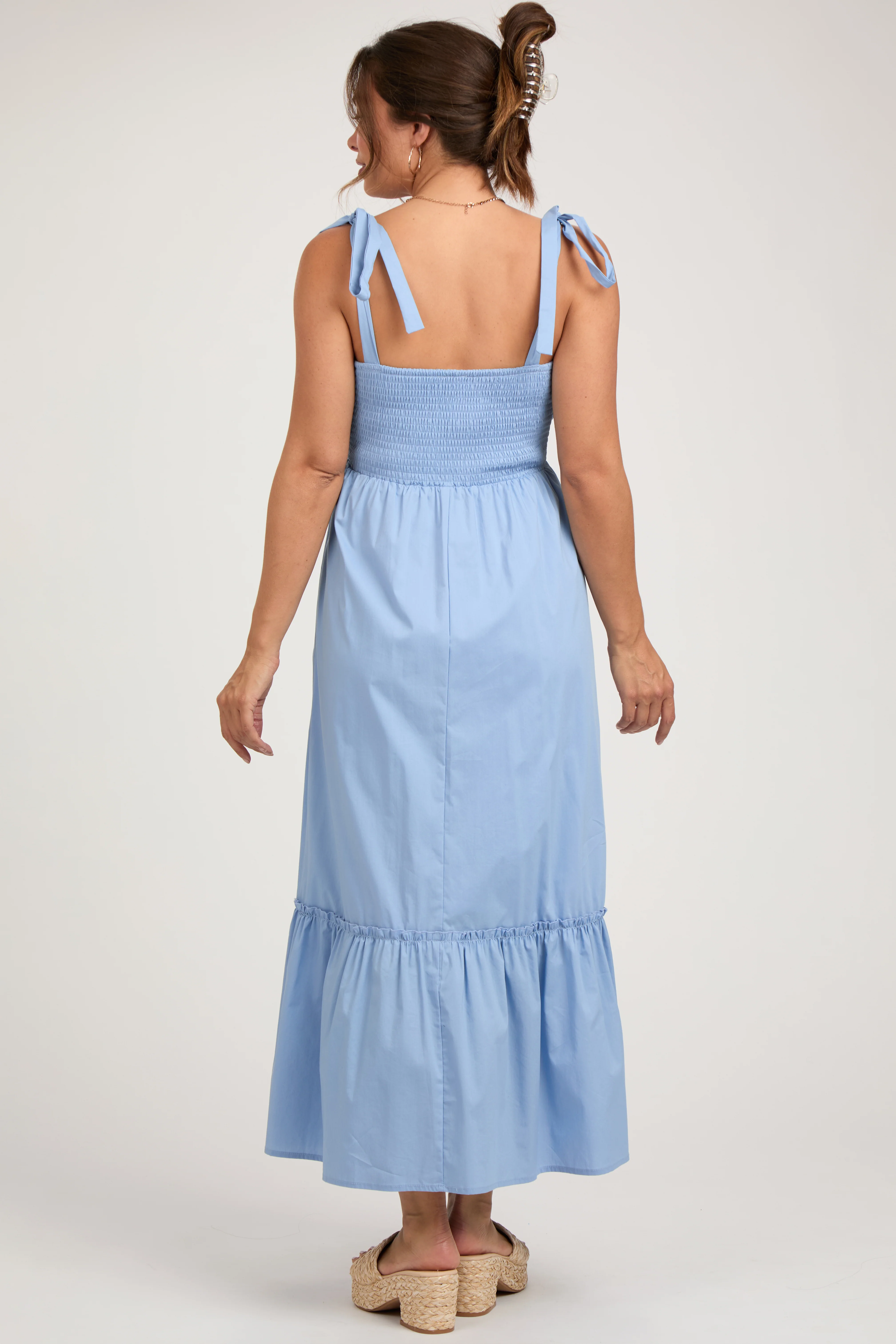 Light Blue Pleated Shoulder Tie Maternity Midi Dress - Image 2