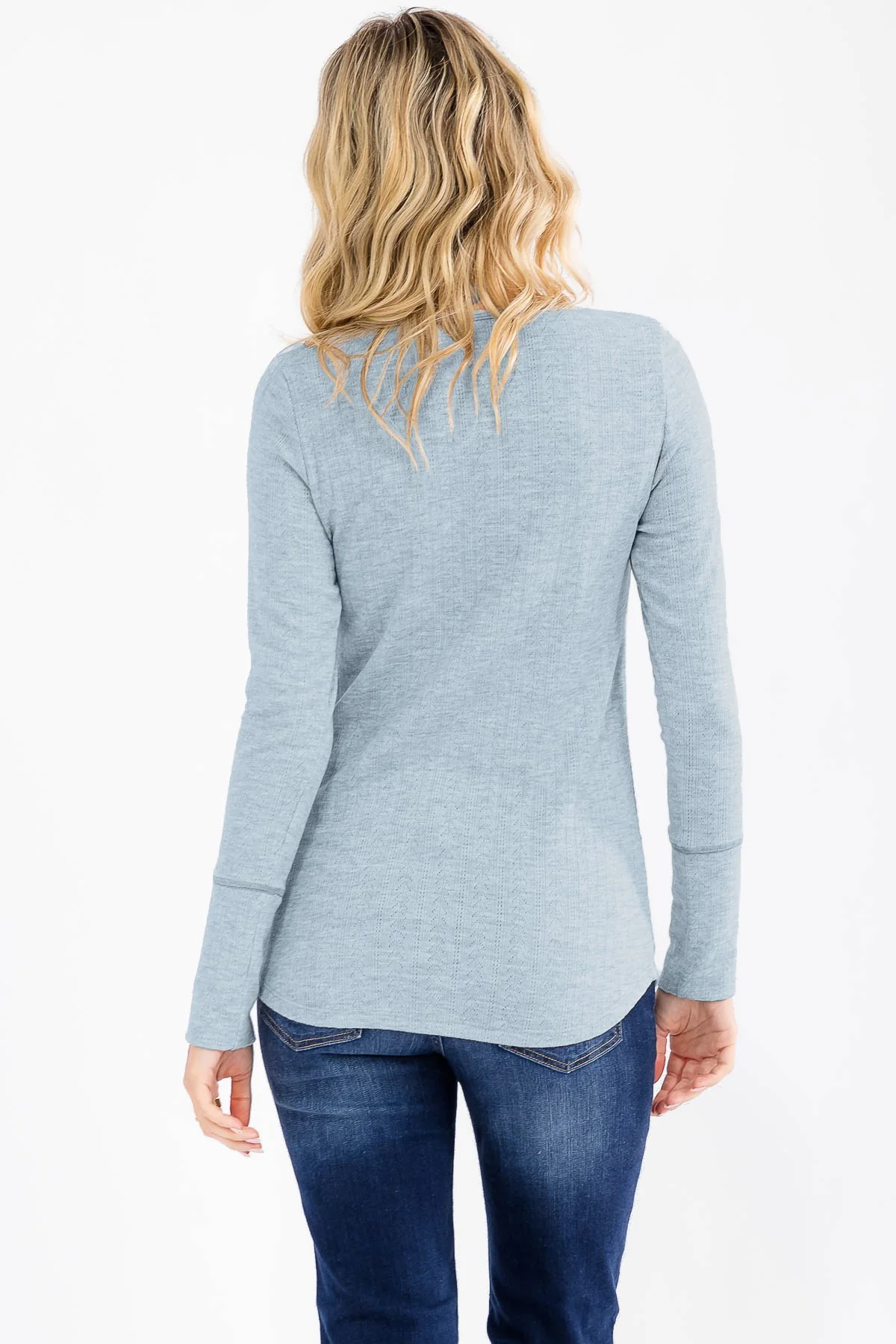 Light Blue Pointelle Knit Henley Top - Image 3