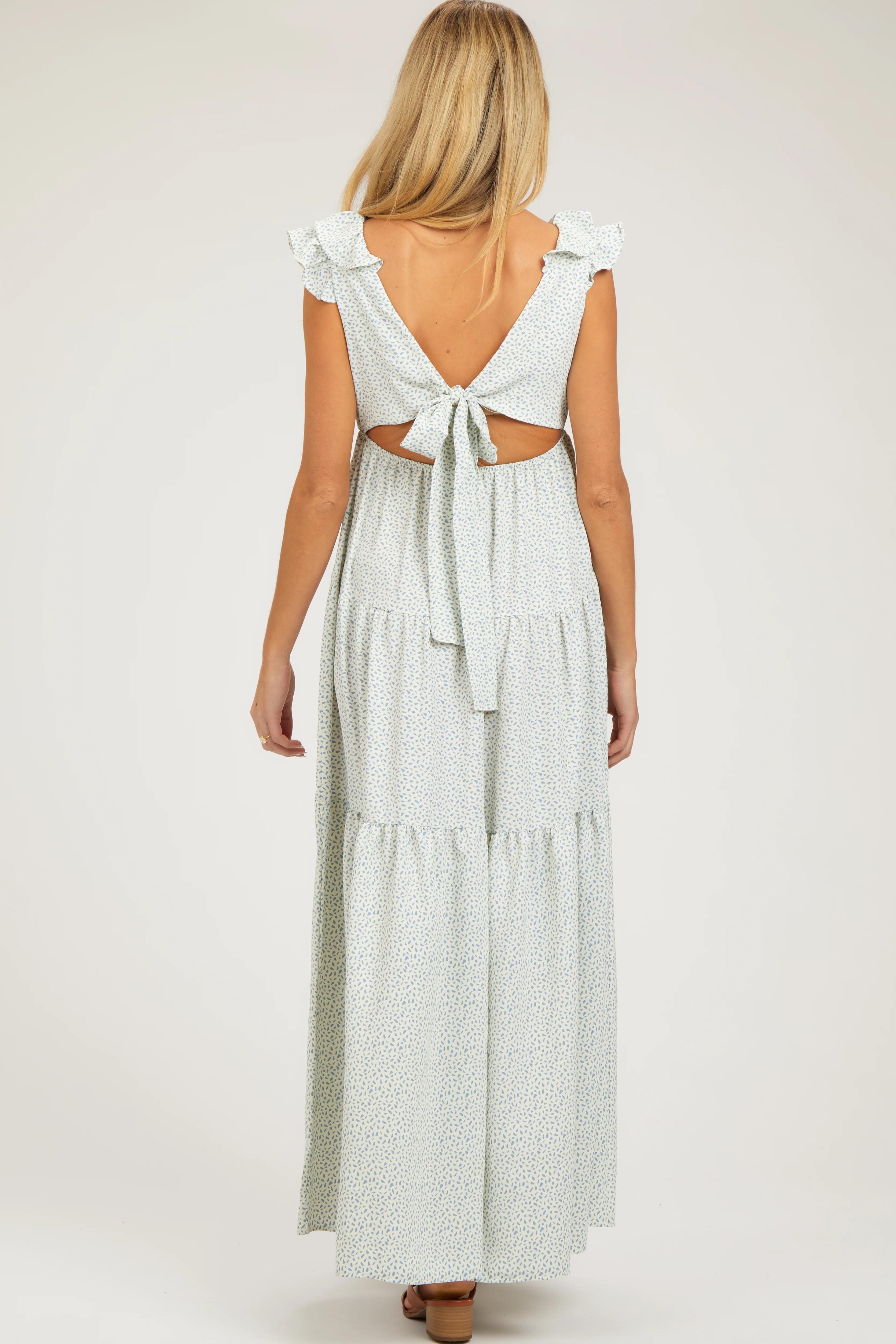 Light Blue Printed Sleeveless Tiered Cutout Back Maternity Maxi Dress - Image 3